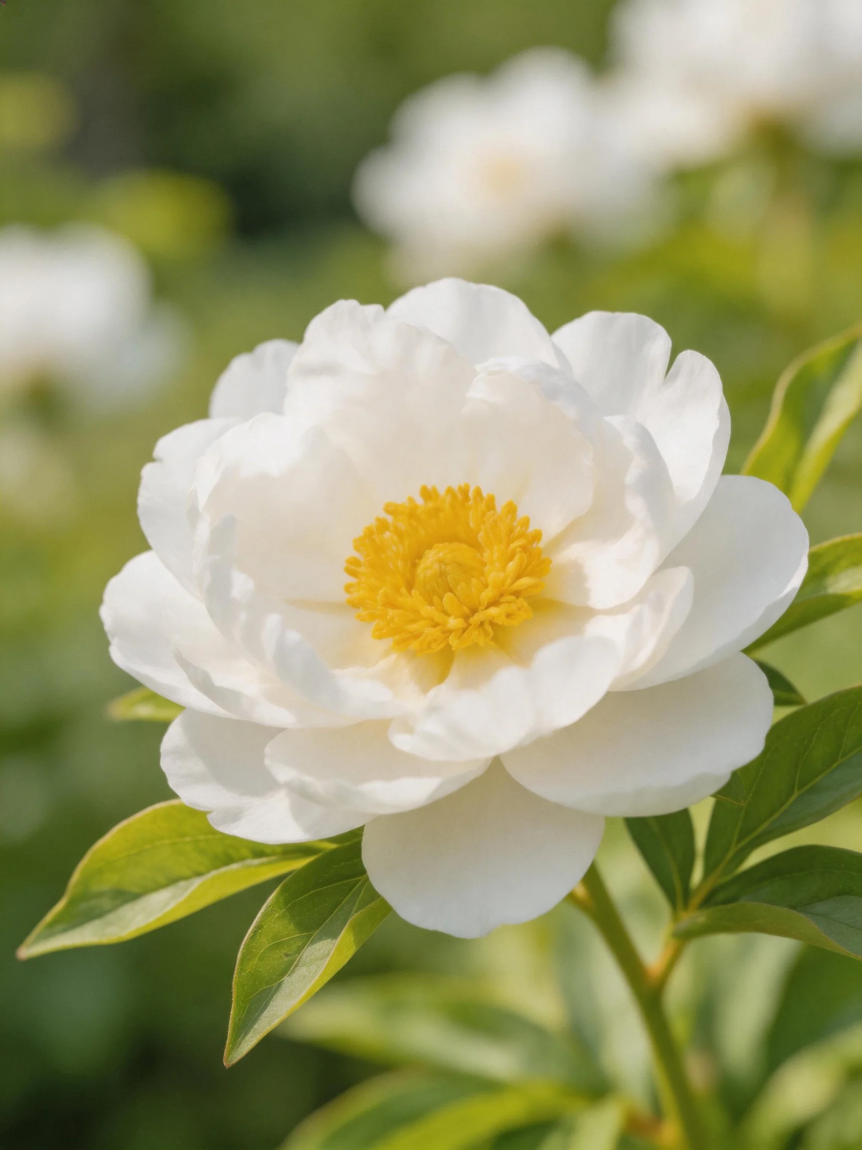 Large white peony with bright yellow center and green foliage
