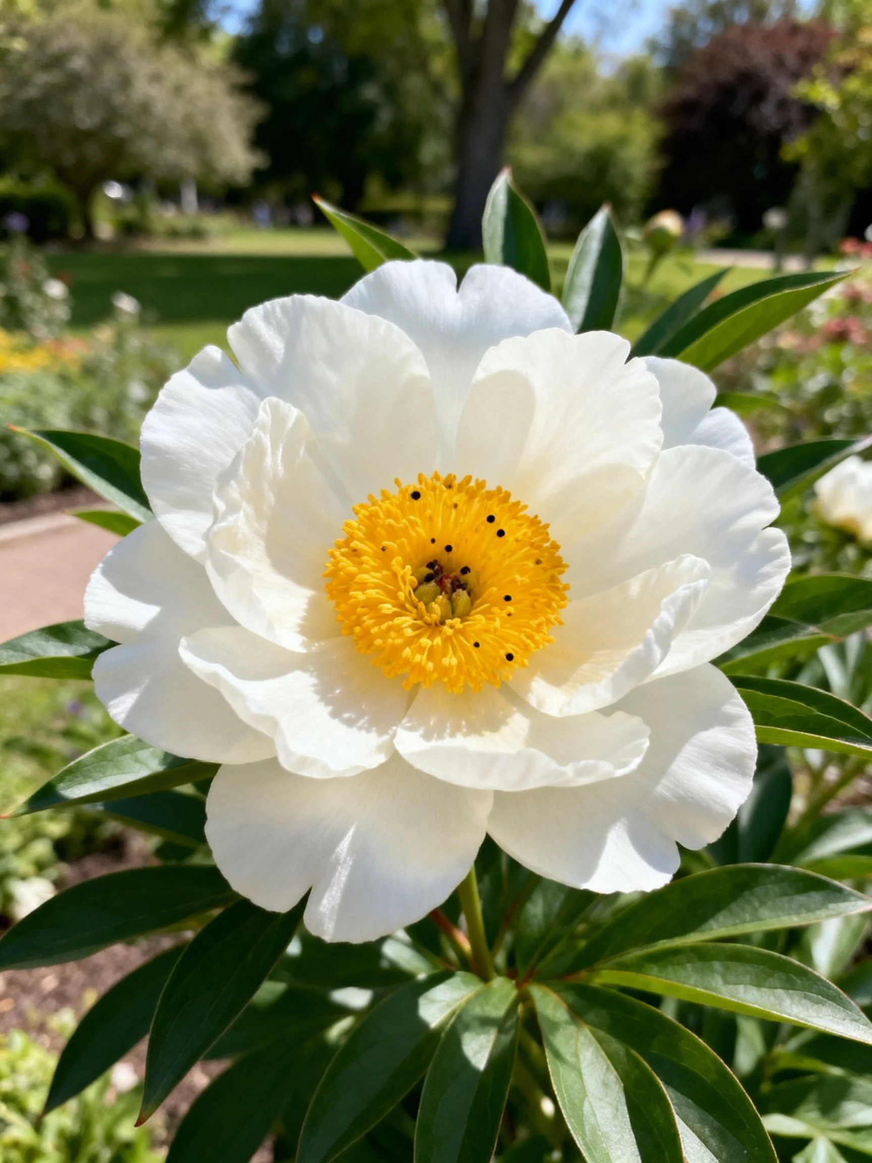 A large white peony blooms vibrantly in a sunny garden.