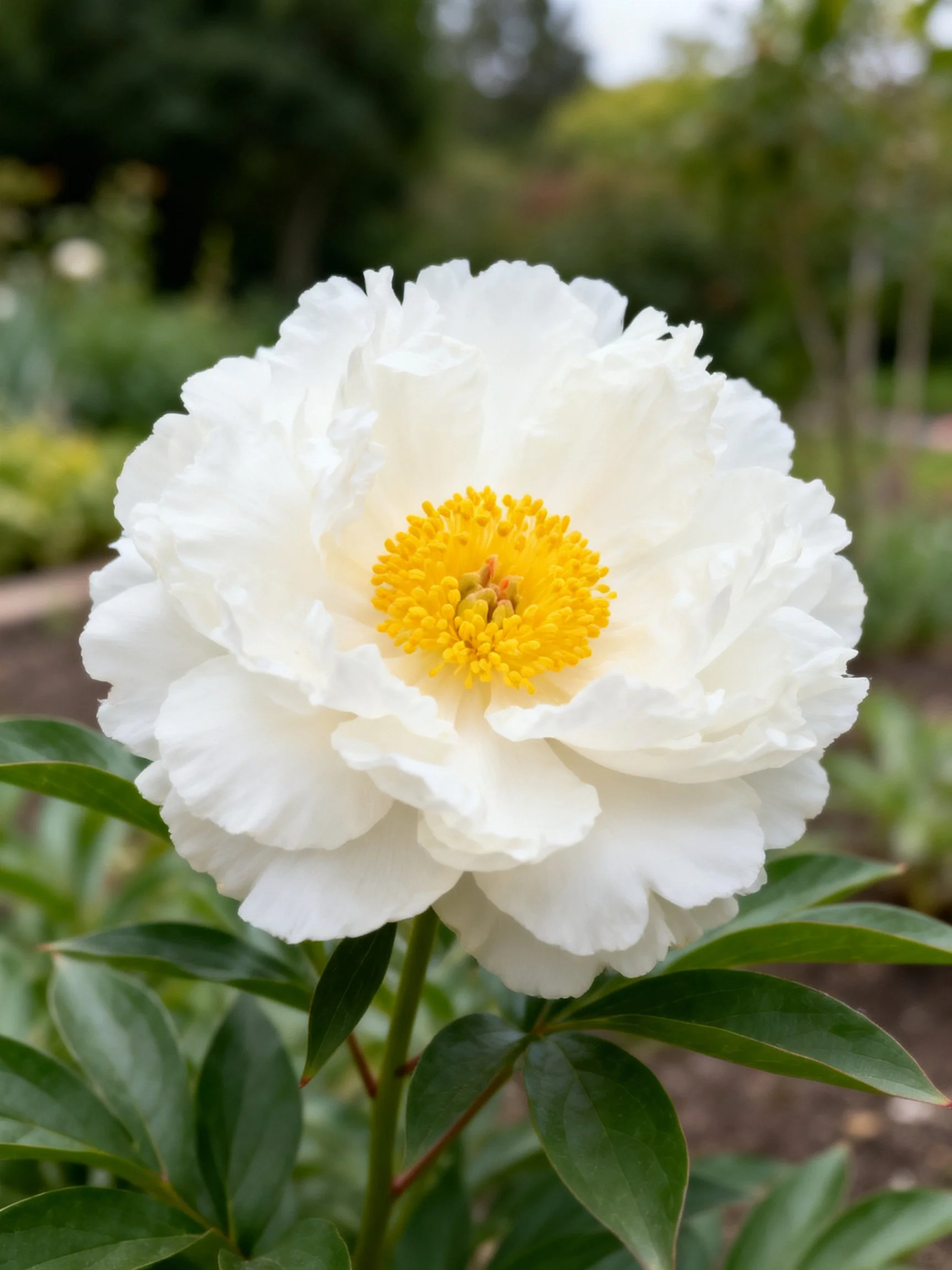 Large white peony with vibrant yellow center in a garden