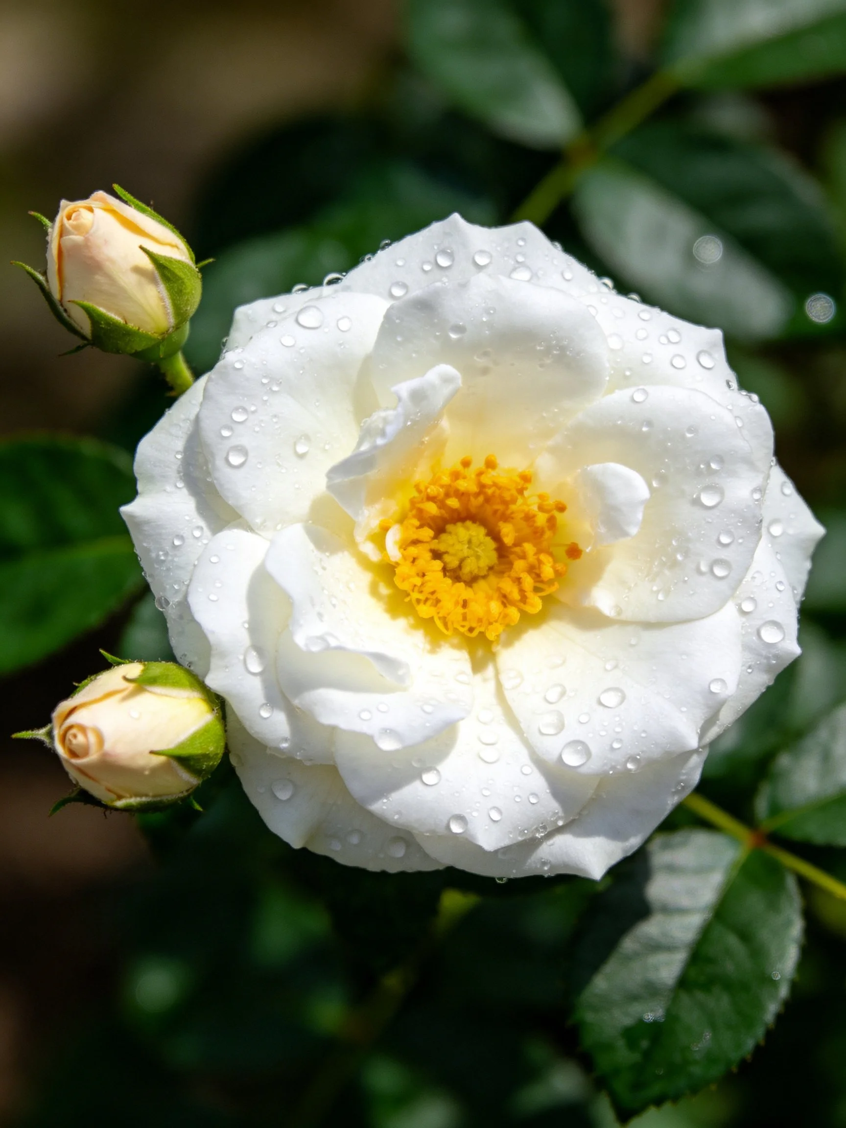 Large white rose with water droplets, two buds, and green foliage