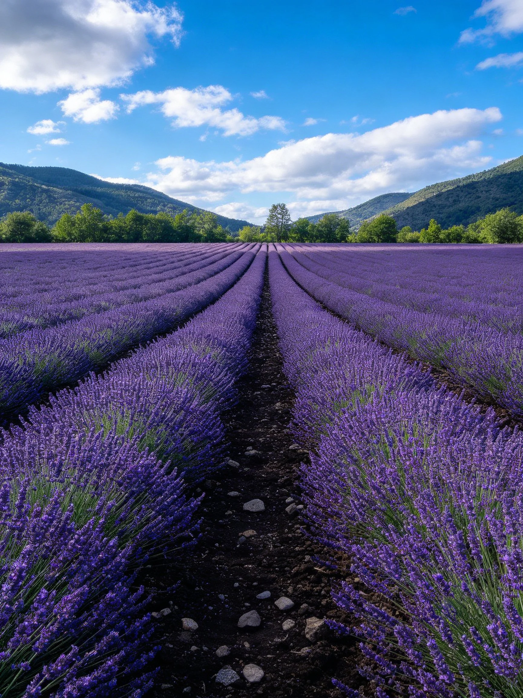 Lavender fields with purple rows stretch toward green mountains under blue sky