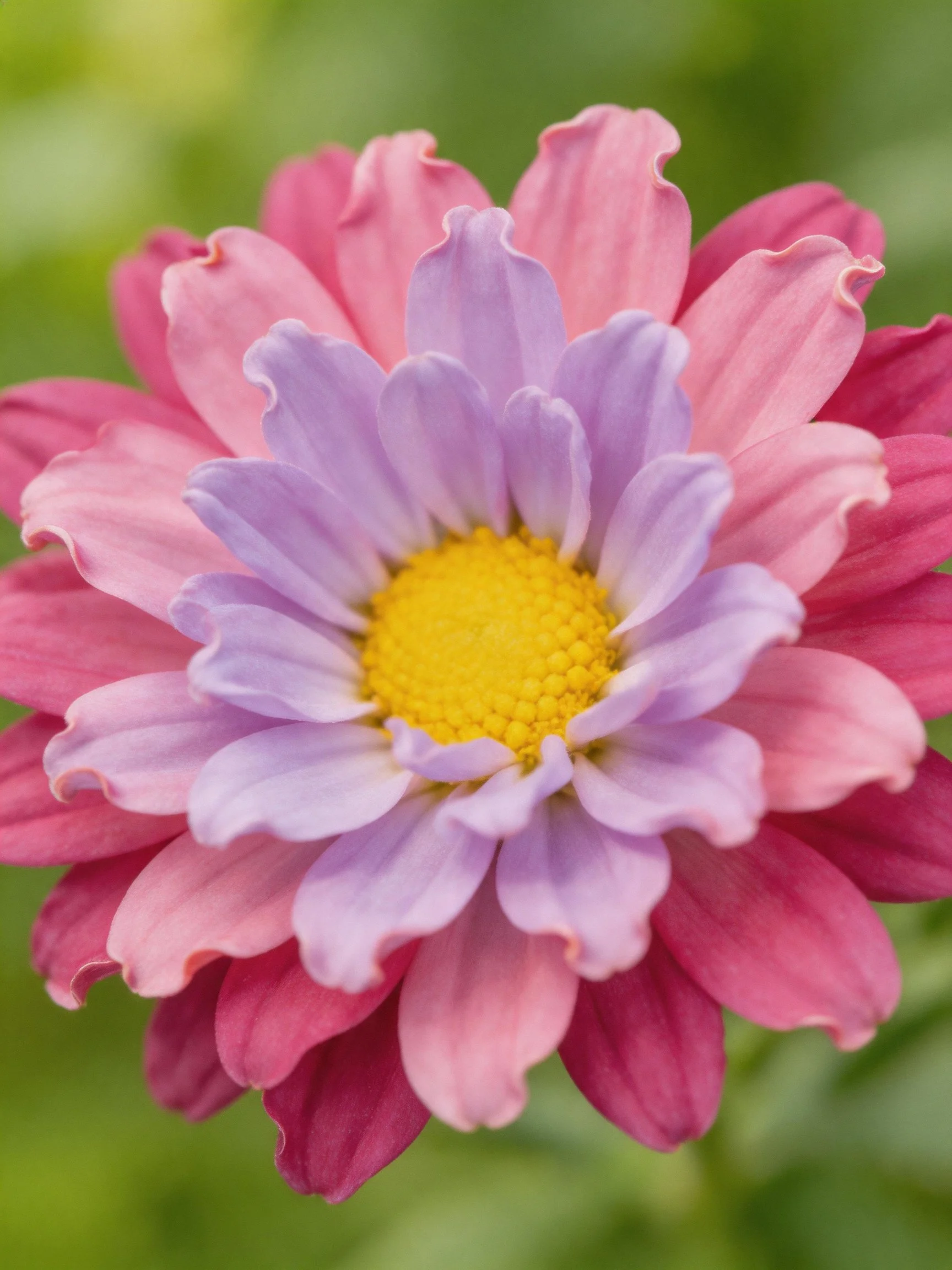 Layered pink and lavender flower with bright yellow center