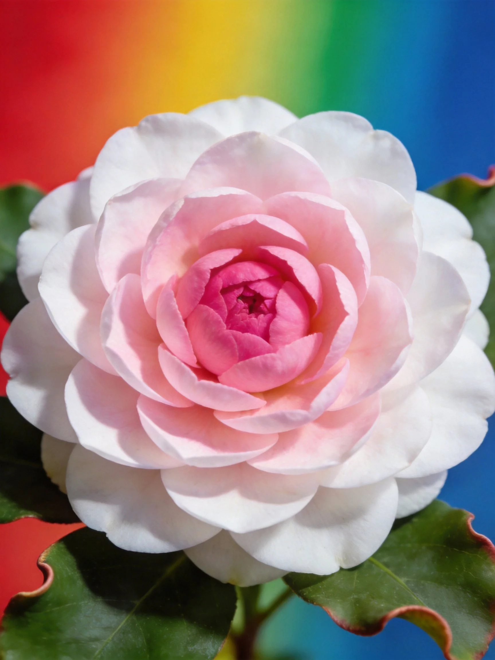 Layered pink and white flower with green leaves against a rainbow gradient