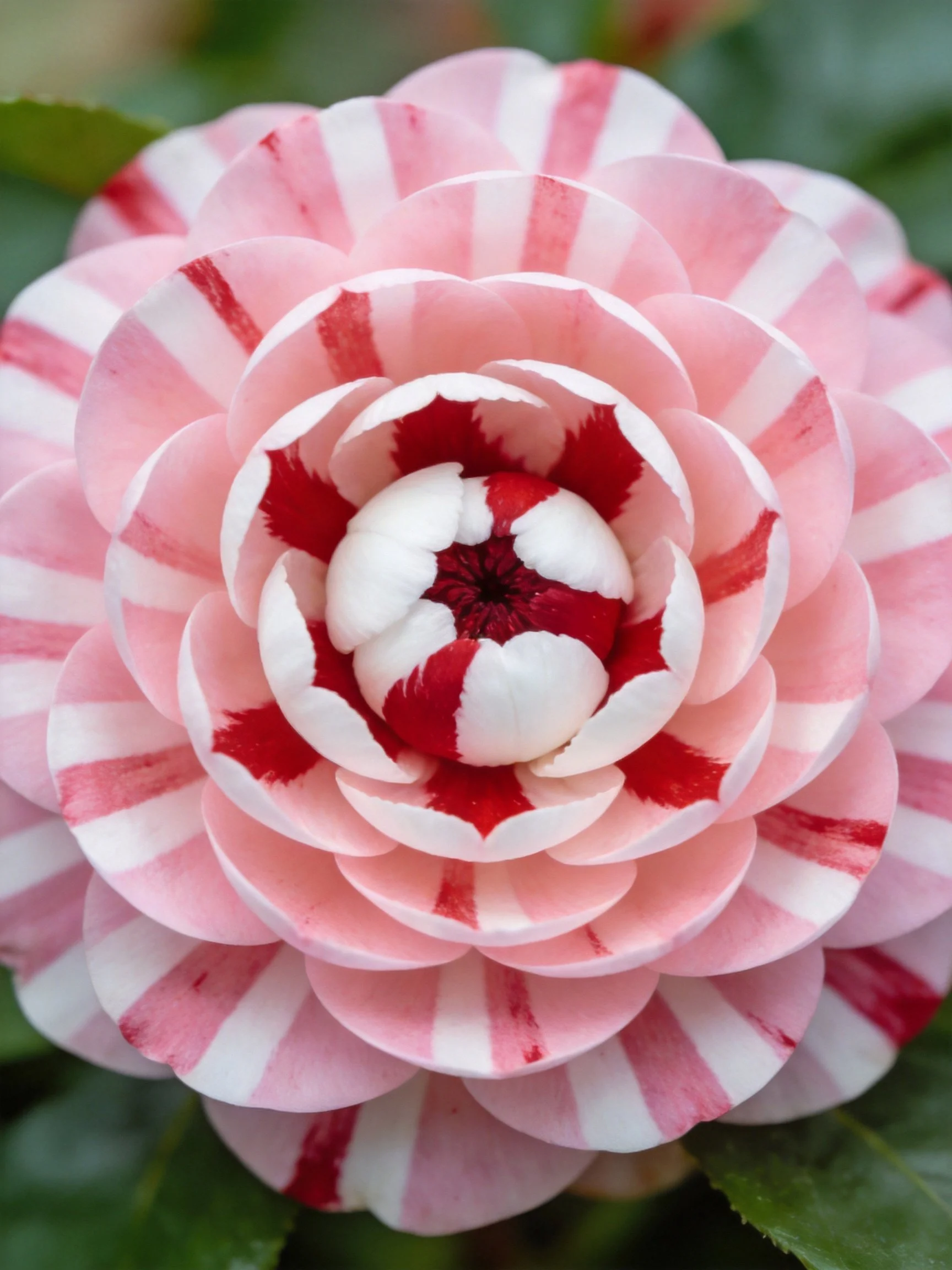 Layered pink and white flower with red streaks