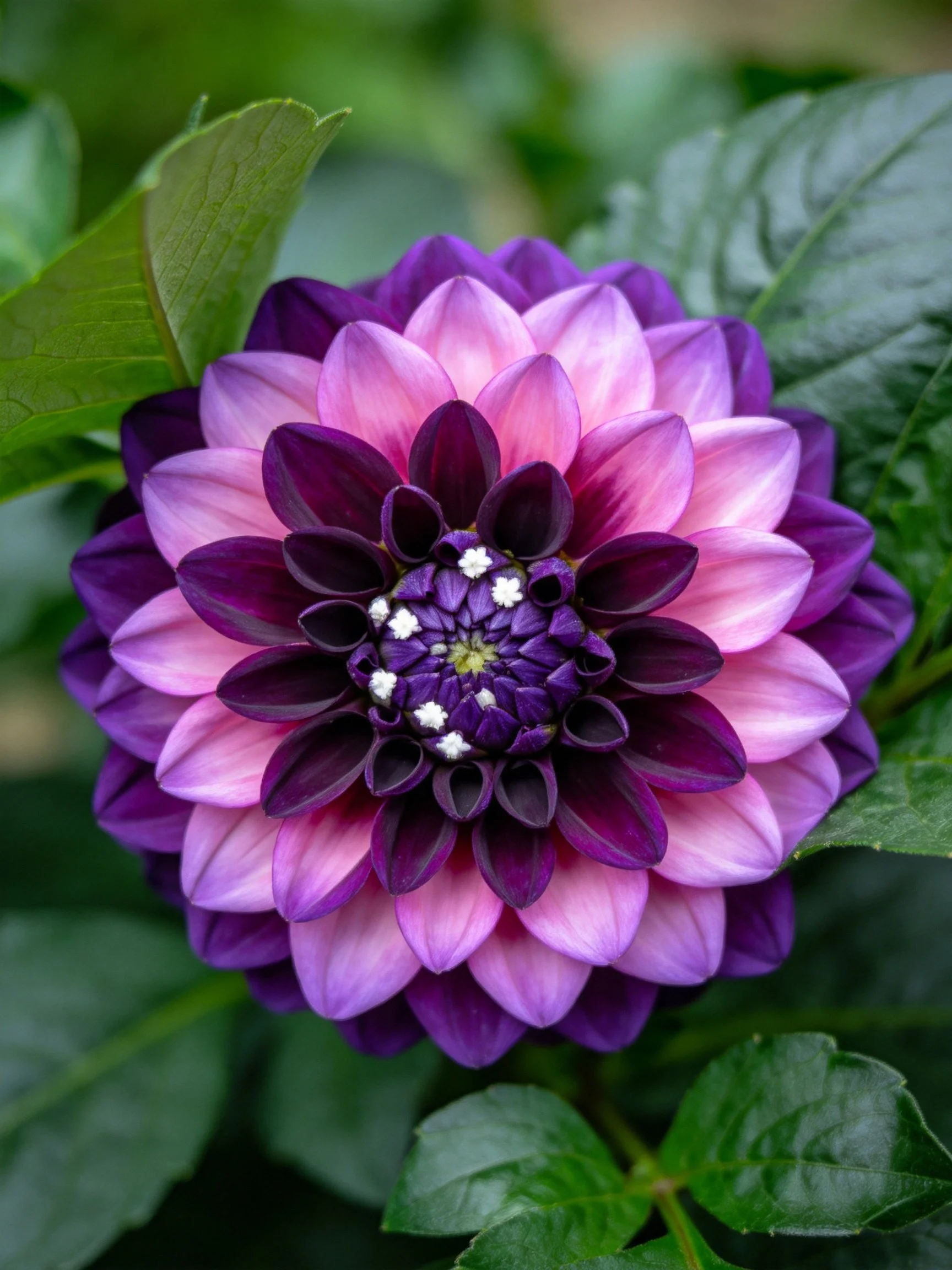 Layered purple and pink dahlia with green foliage