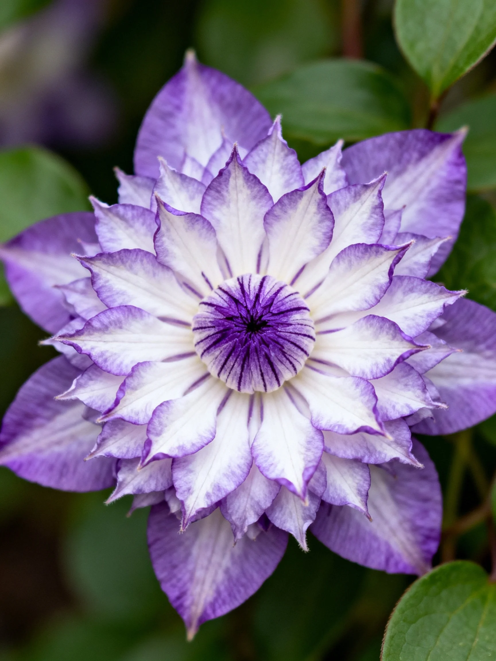 Layered purple and white clematis flower with green foliage