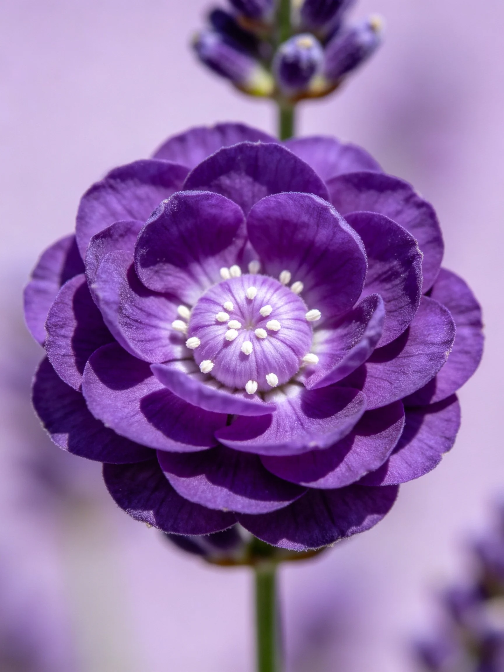 Layered purple flower with white center and lavender backdrop