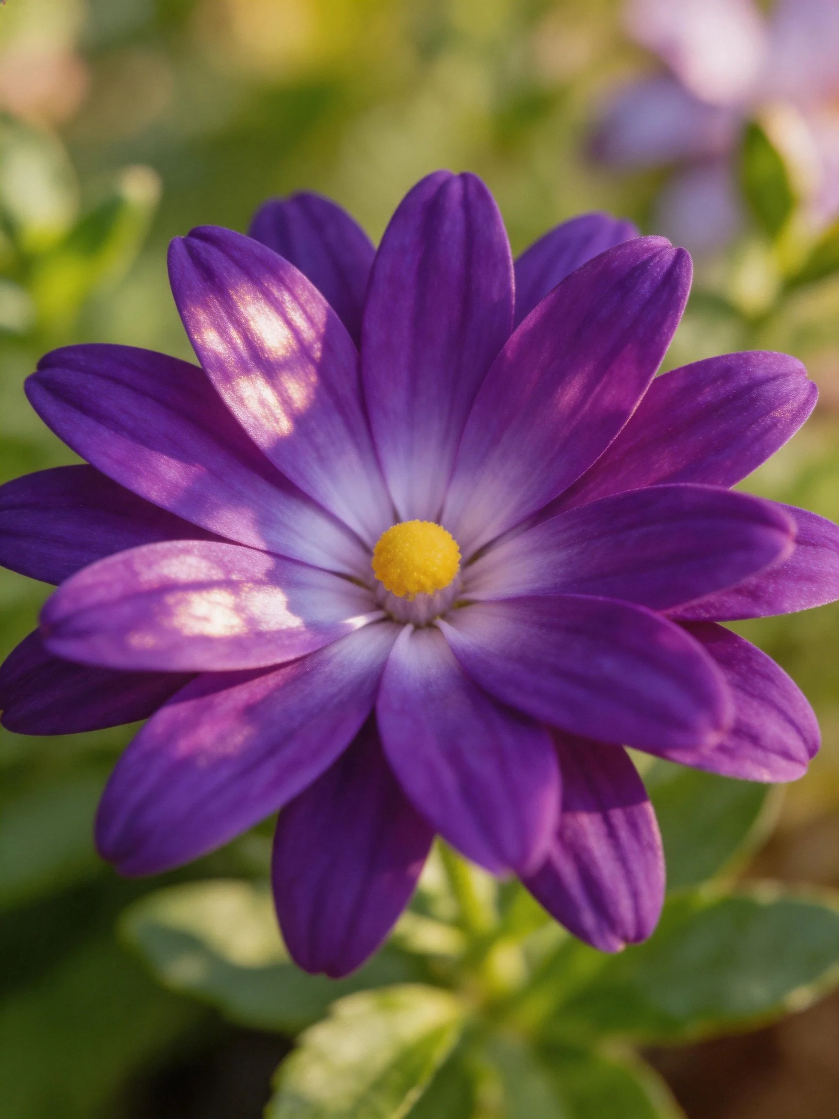 Layered purple flower with yellow central disc among green foliage