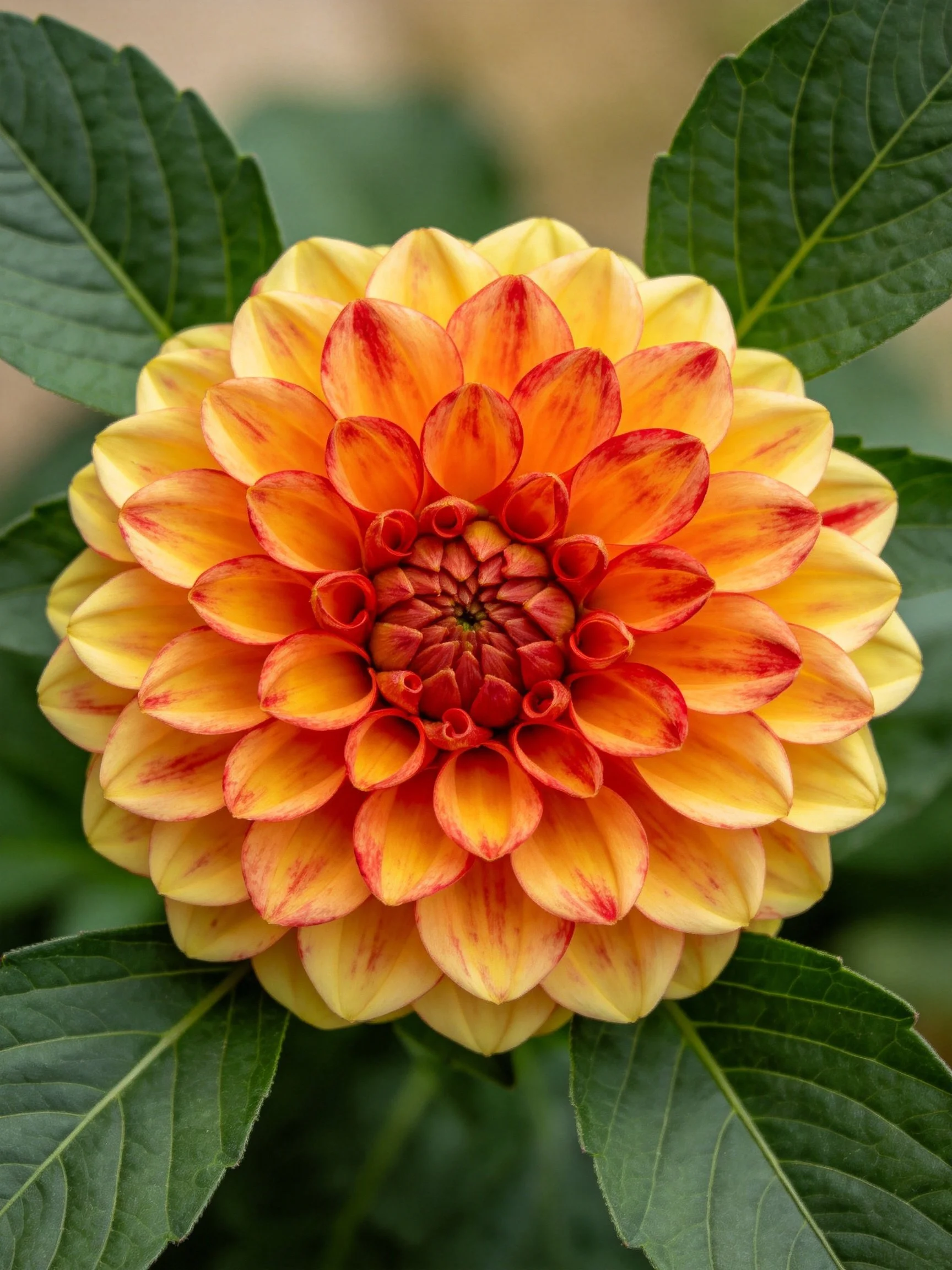 Layered yellow-orange-red dahlia flower