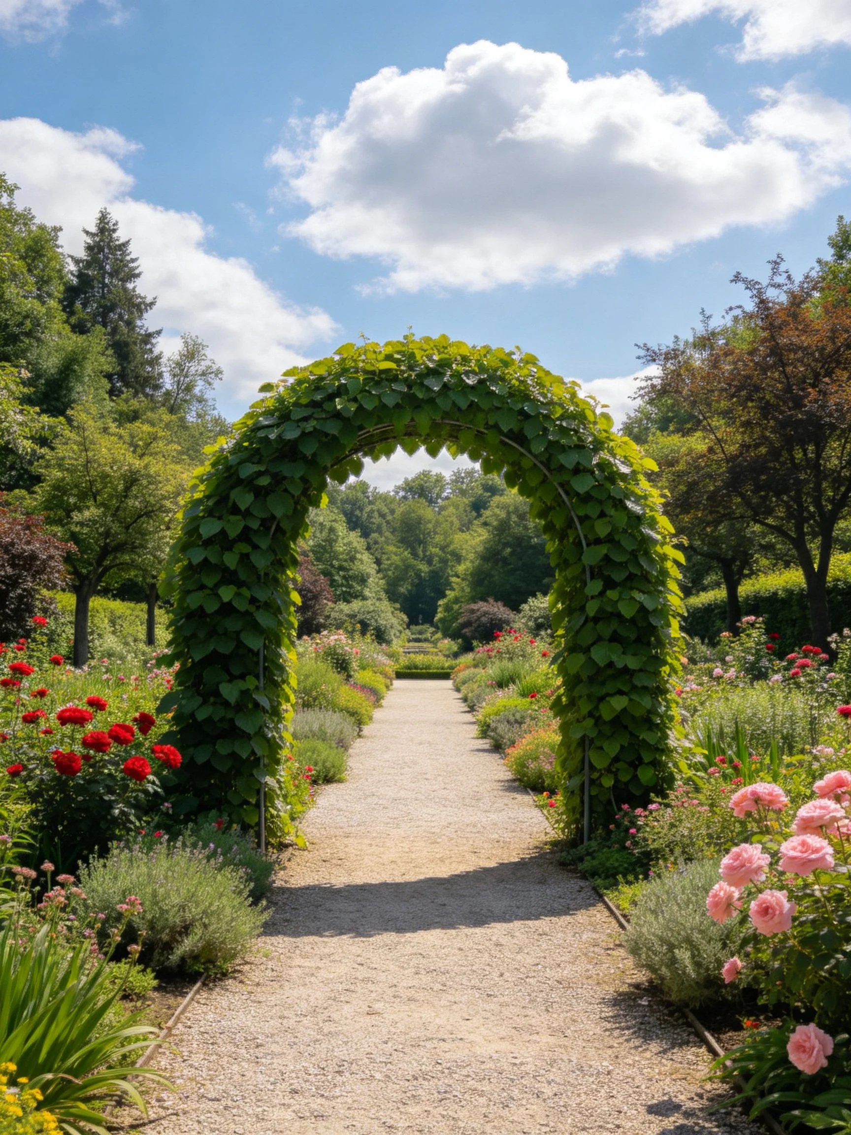 Leafy Arch Over Gravel Path in Flower Garden
