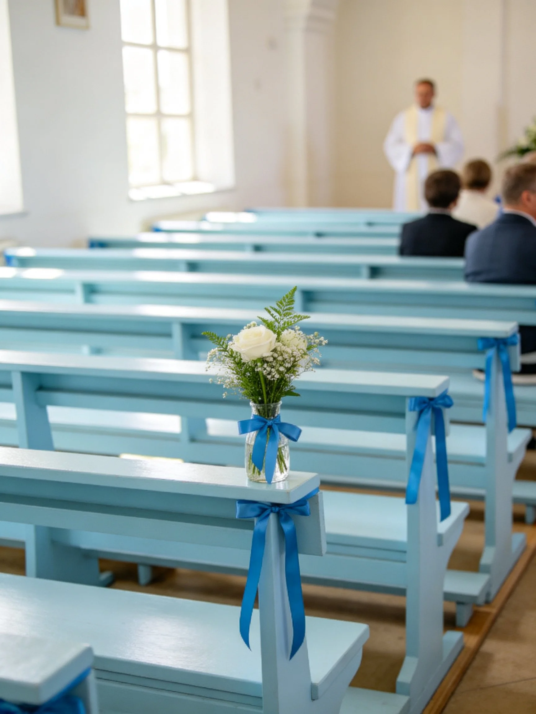 Light blue church pews decorated with flowers and a priest officiating