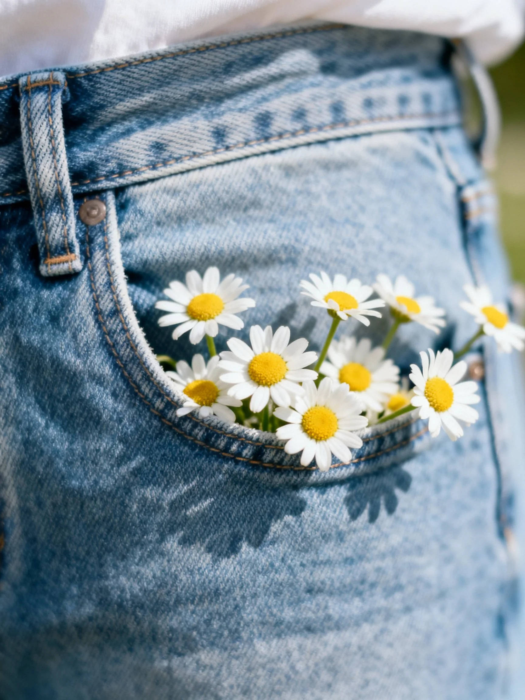 Light blue denim jeans pocket holding several white daisy flowers