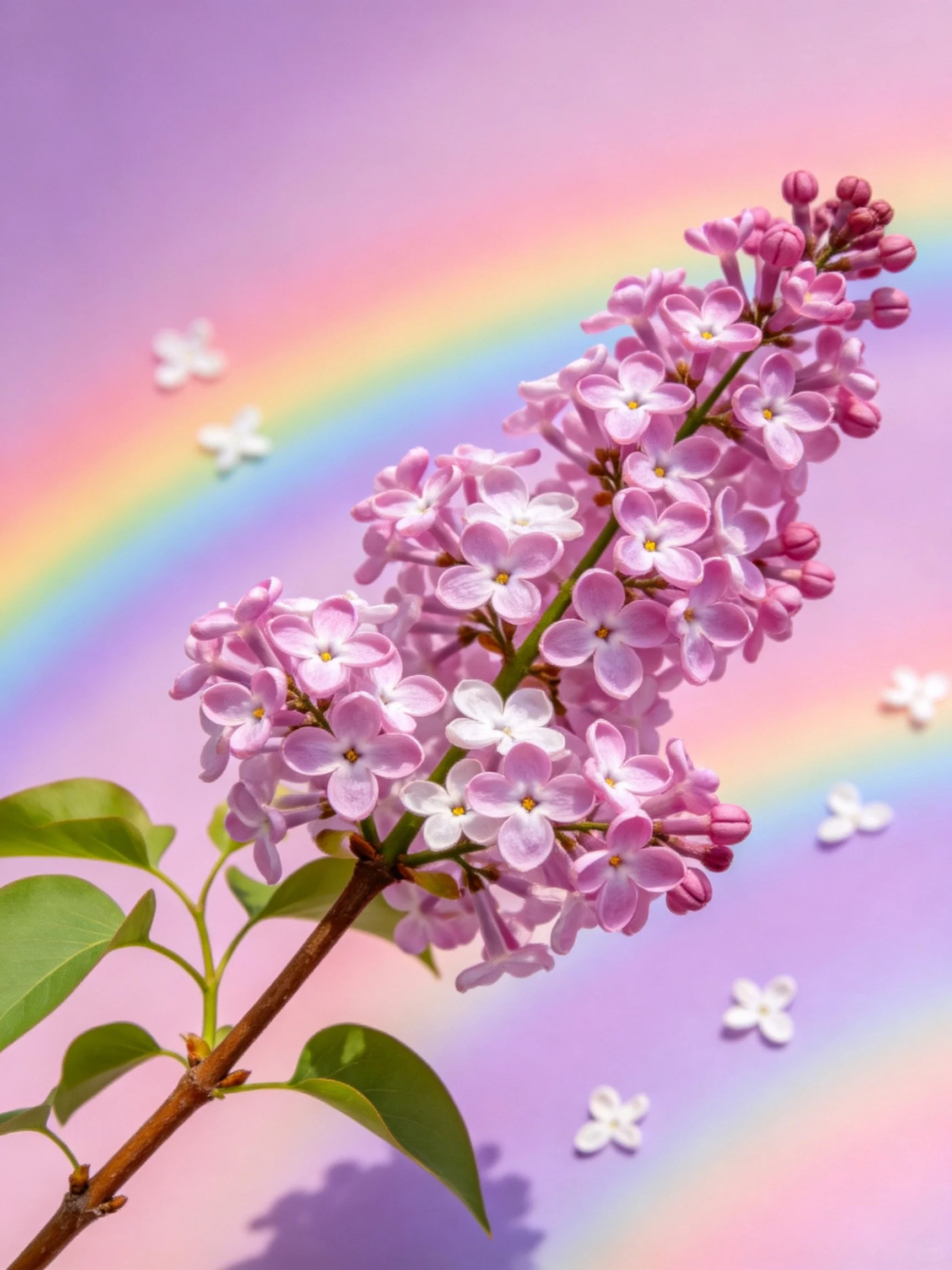 Lilac flowers on a pastel rainbow gradient background