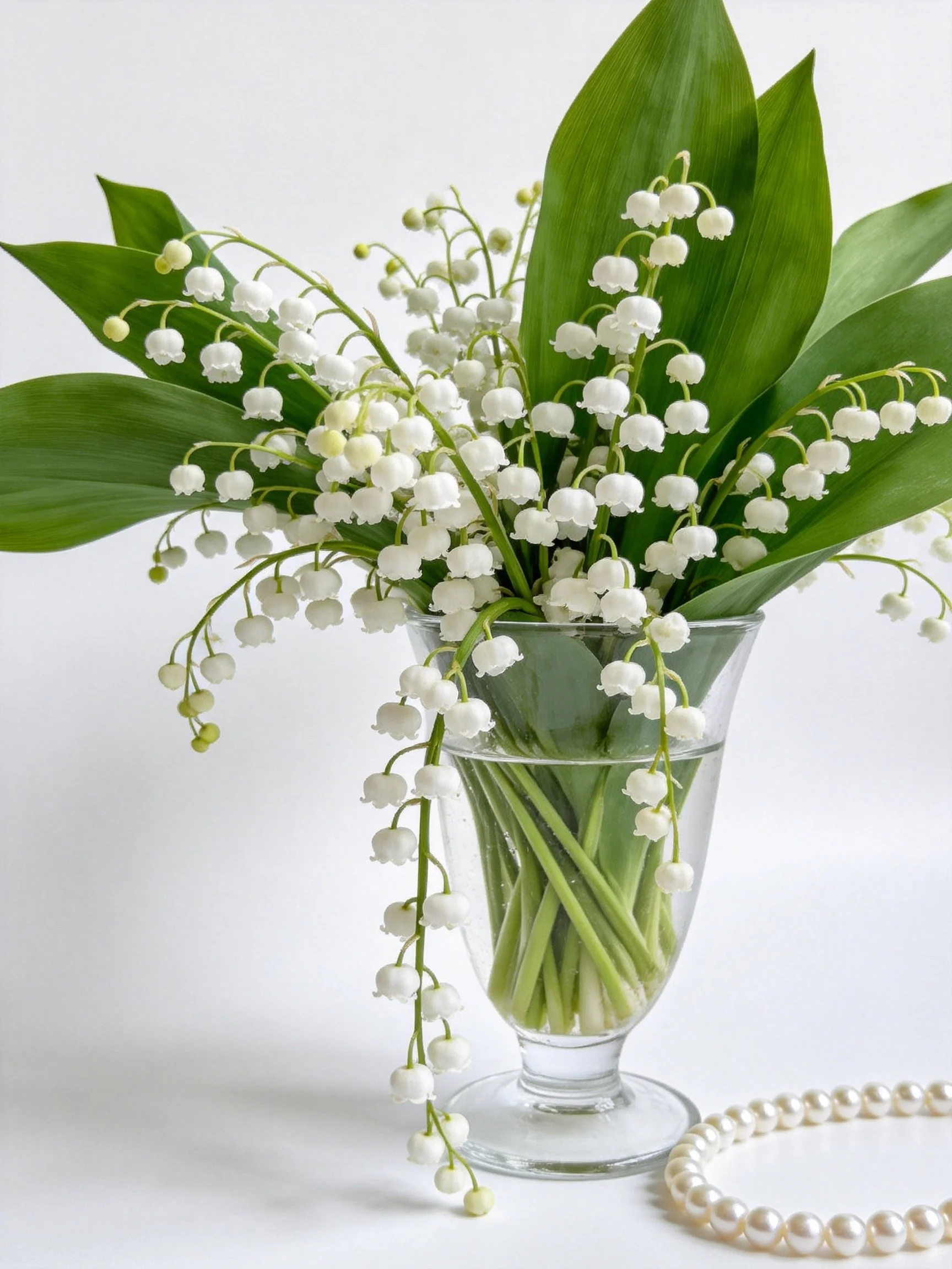 Lily of the Valley Bouquet in Clear Glass Vase with Pearls