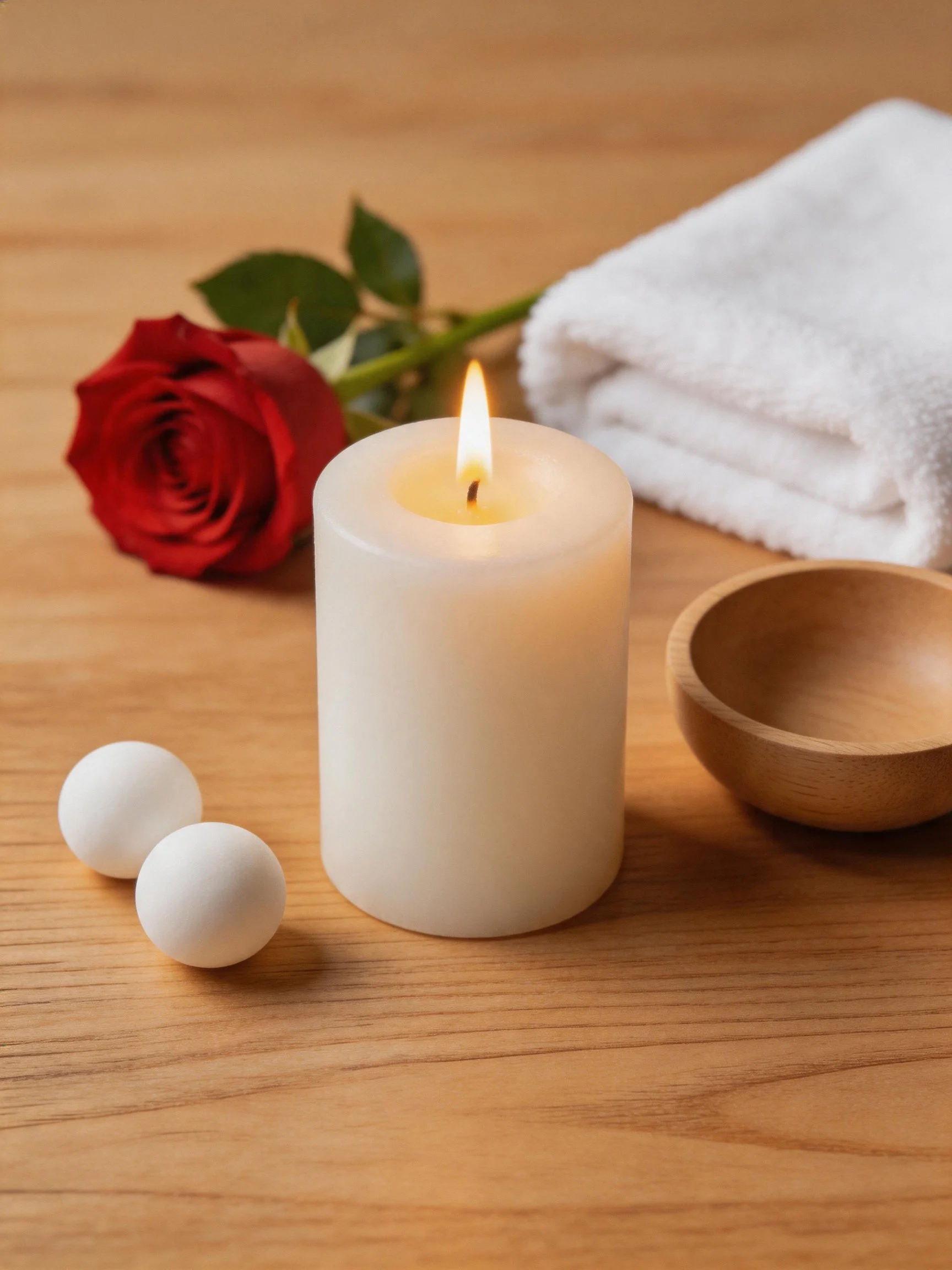 Lit candle, red rose, white towel, wooden bowl, two white spheres on wood