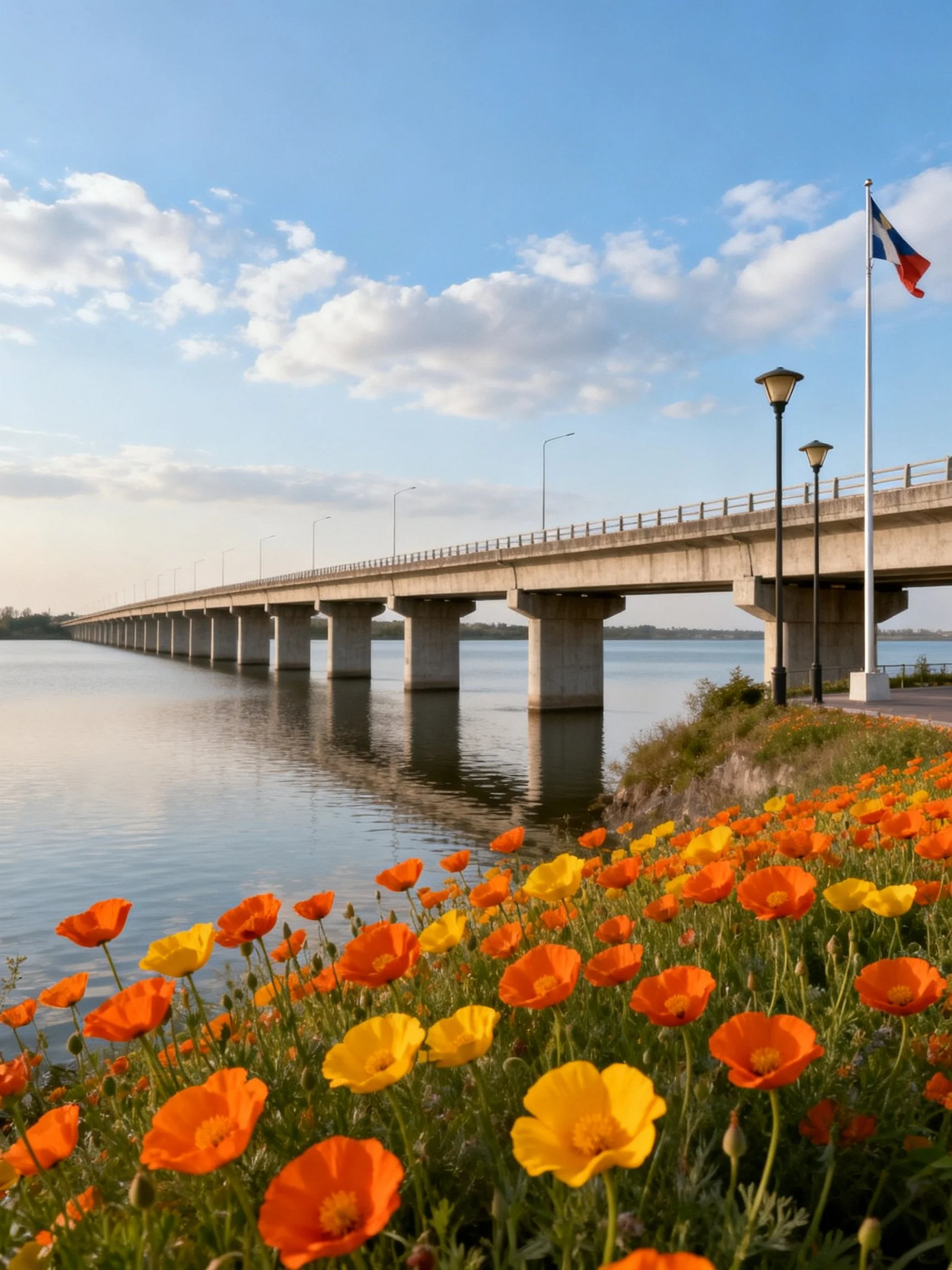 Long concrete bridge spans calm water with vibrant orange-yellow flowers