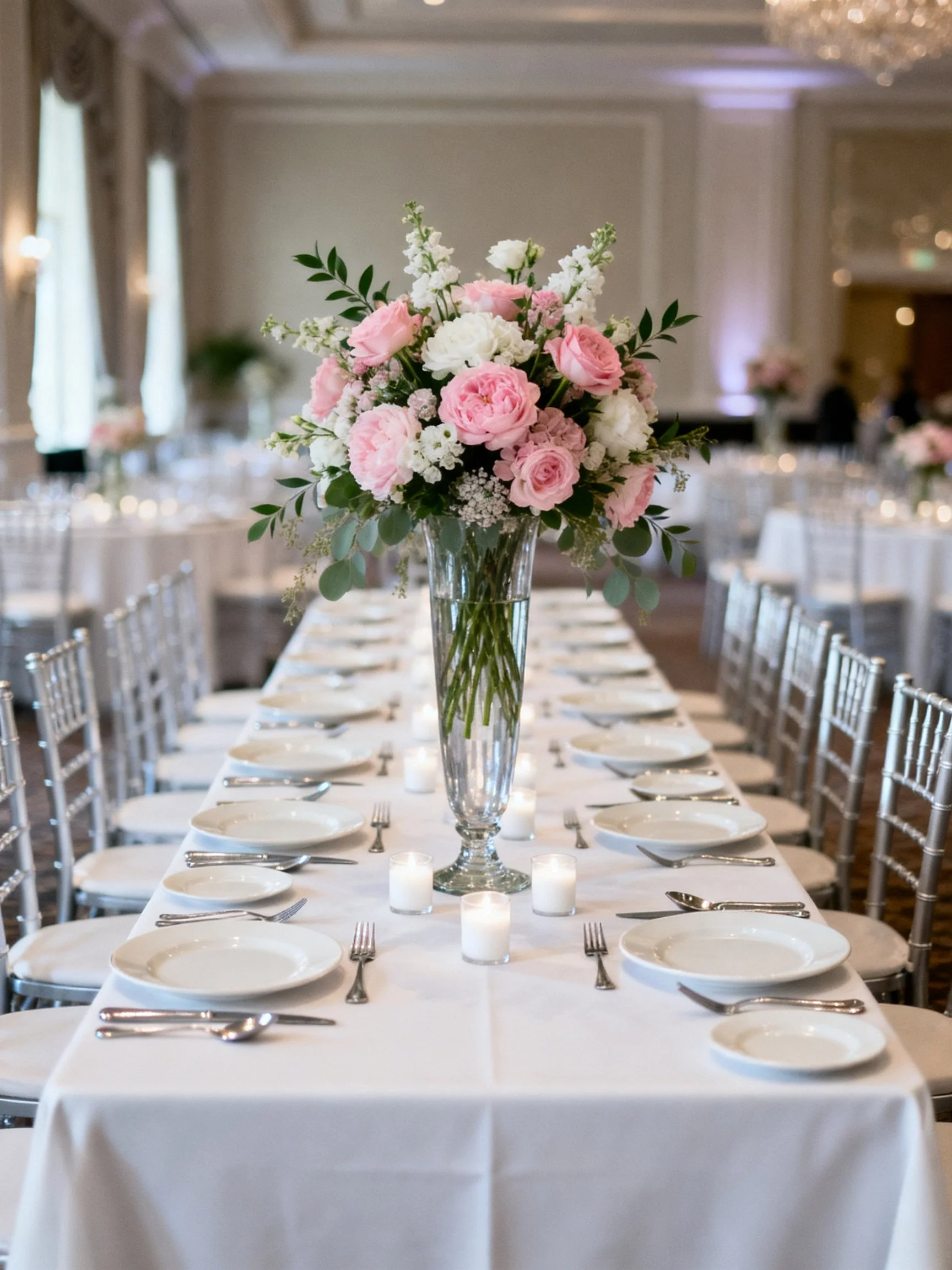 Long table with pink and white floral centerpiece, silver chairs, white tablecloth