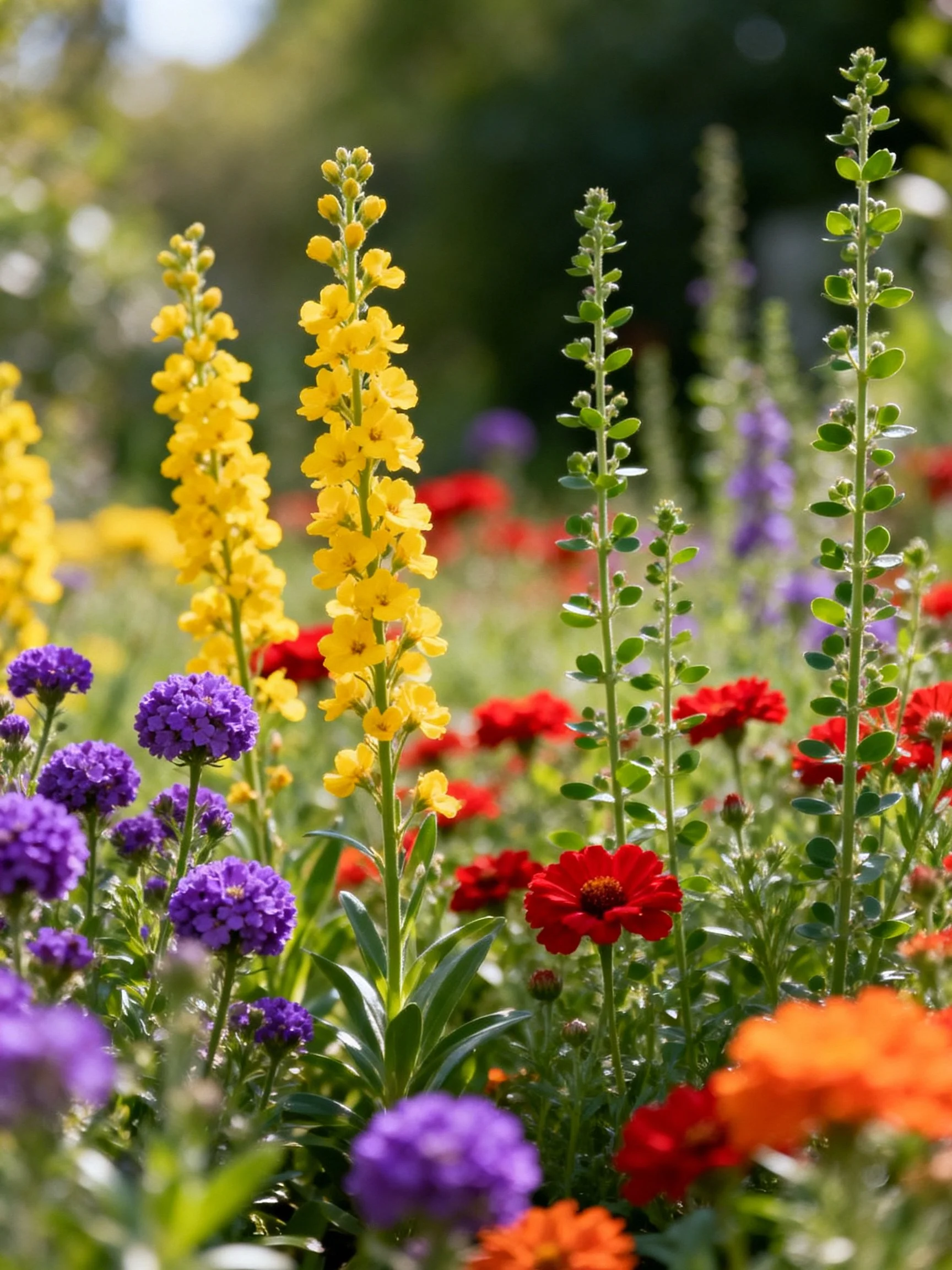 Lush flower garden with tall yellow, round purple, and red blooms