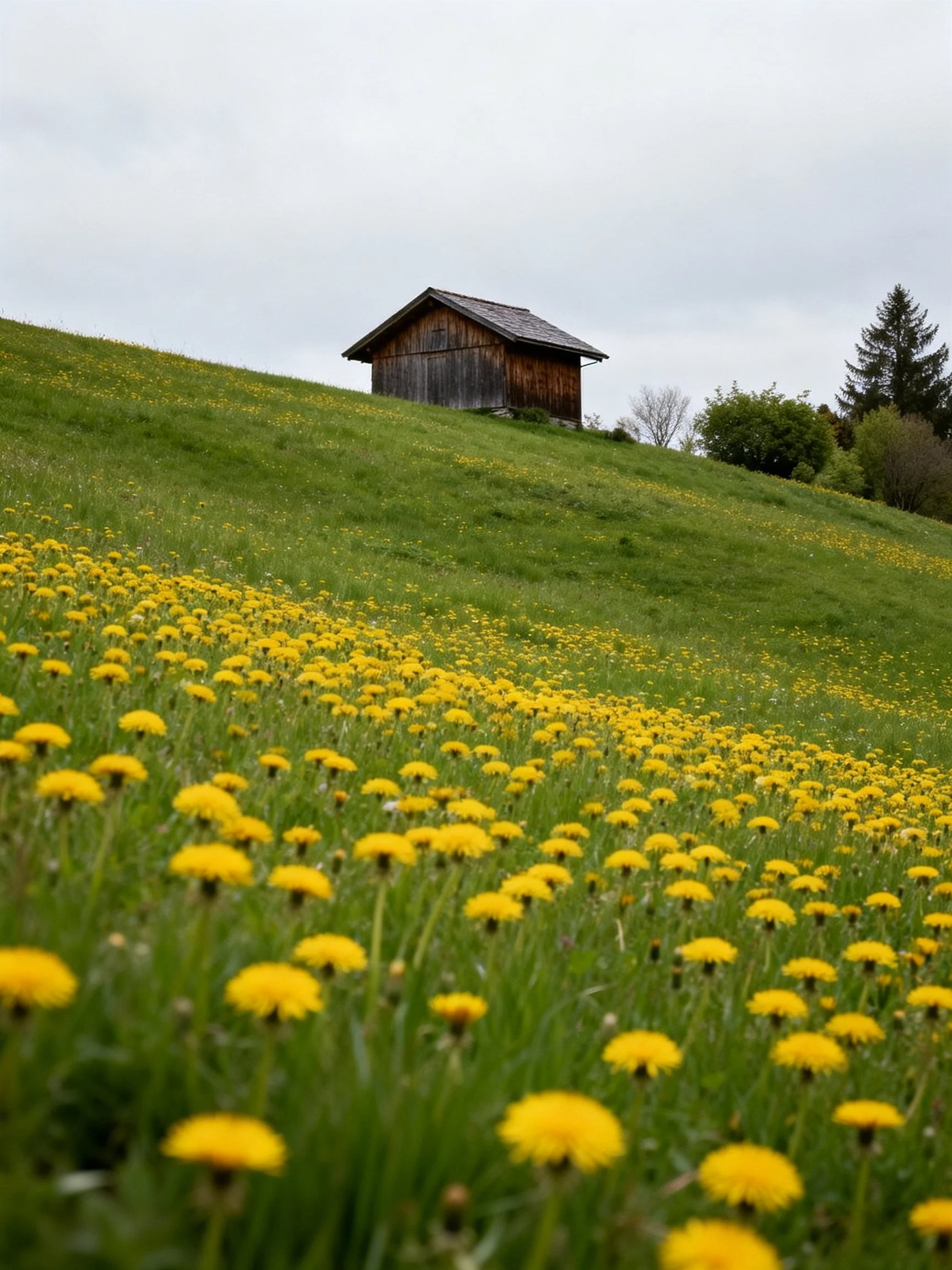 Lush green hillside with yellow wildflowers and weathered wooden cabin