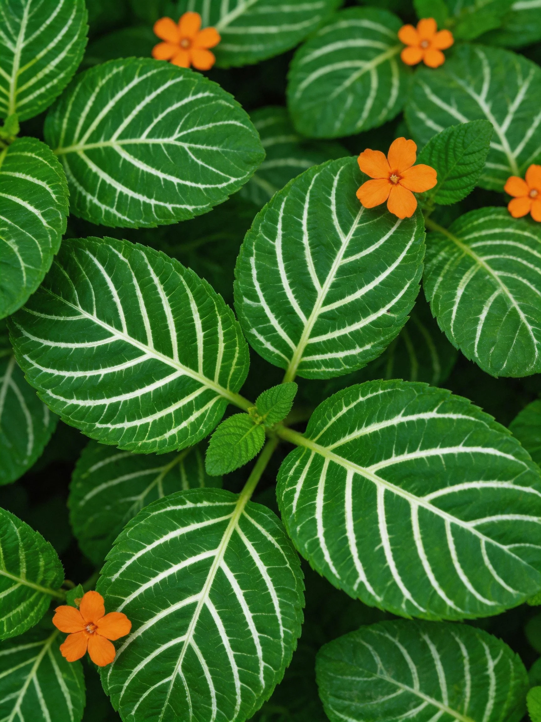 Lush green leaves with white veins and small orange blooms