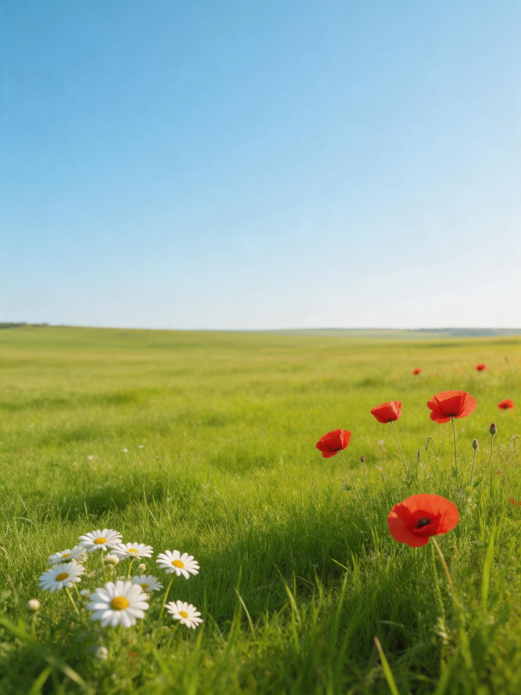 Lush green meadow with red poppies, white daisies, and clear blue sky