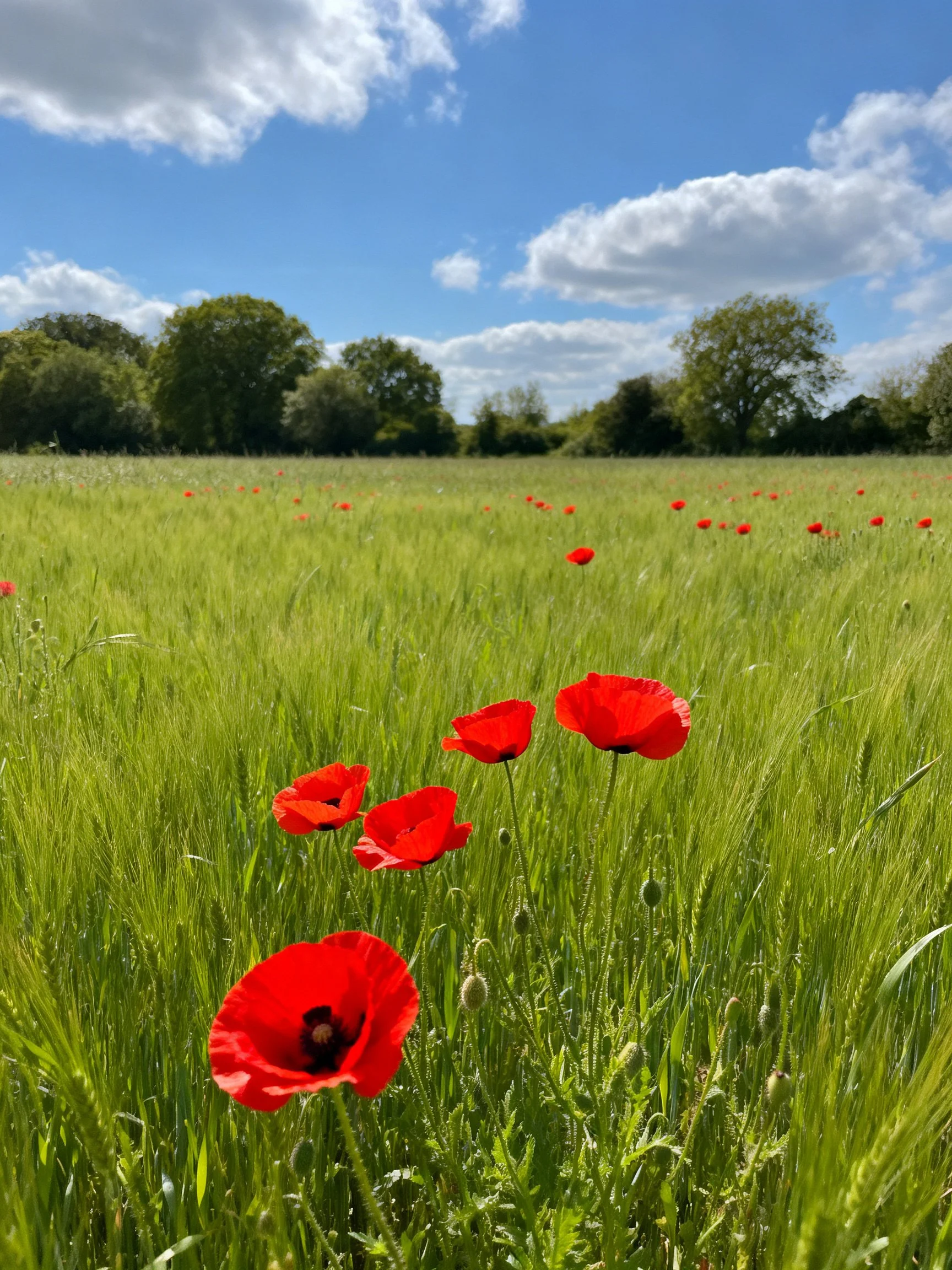 Lush green meadow with scattered bright red poppies under a sunny sky