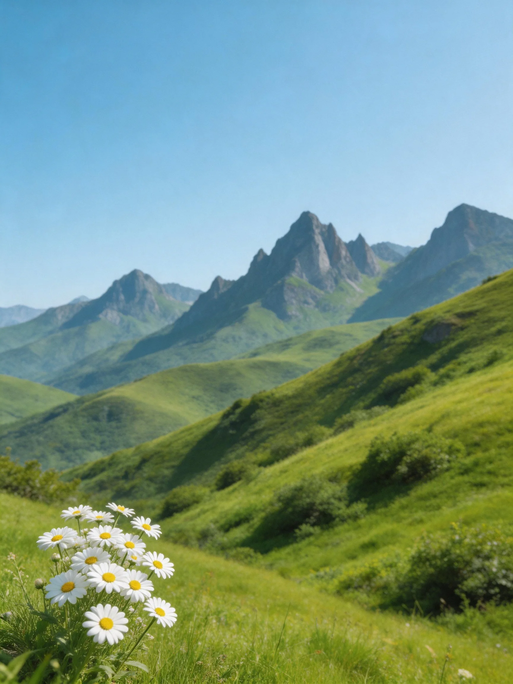 Lush green rolling hills, sharp mountain peaks, and white daisies under bright blue sky