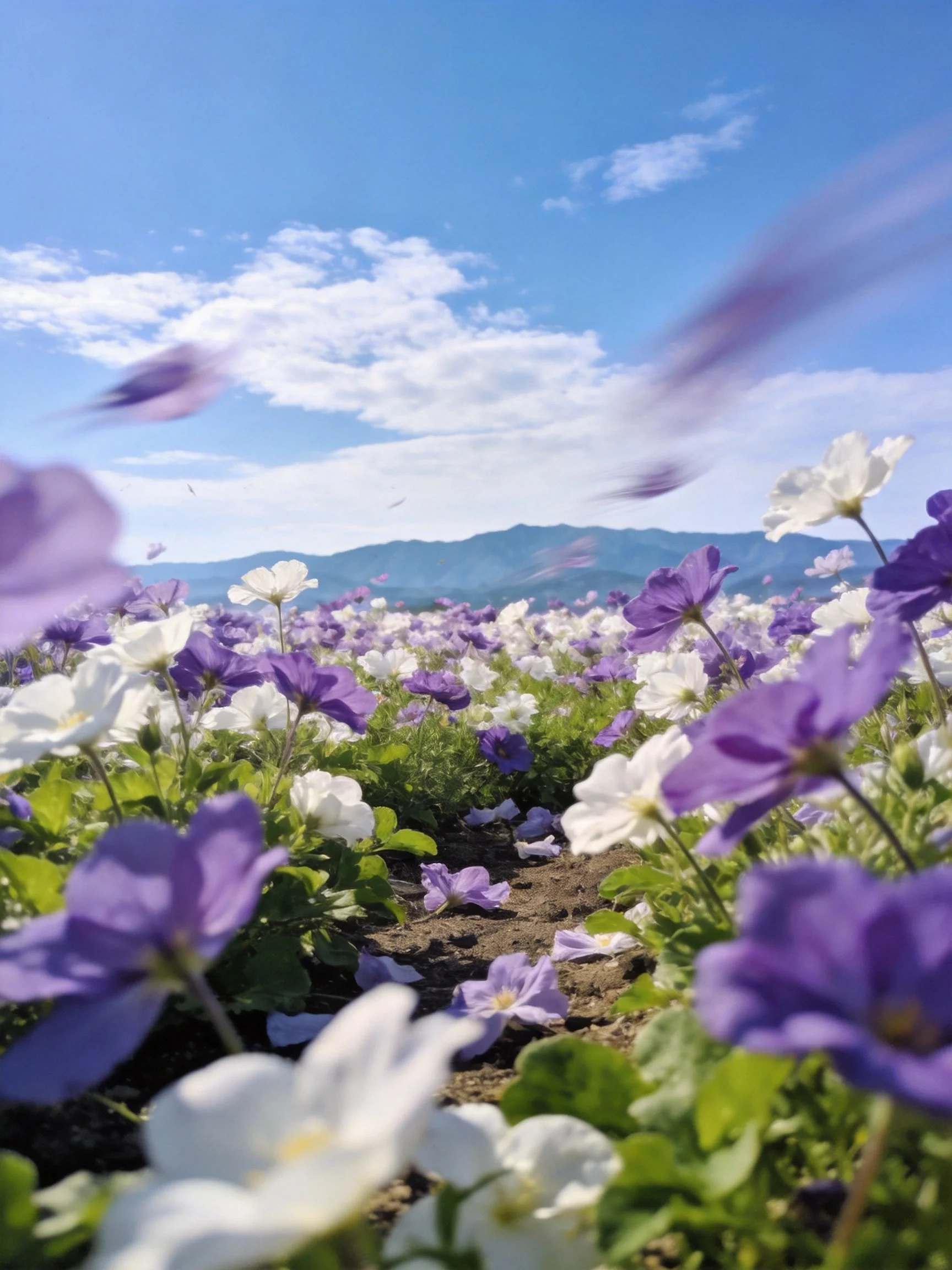 Lush purple and white flower meadow with distant mountains