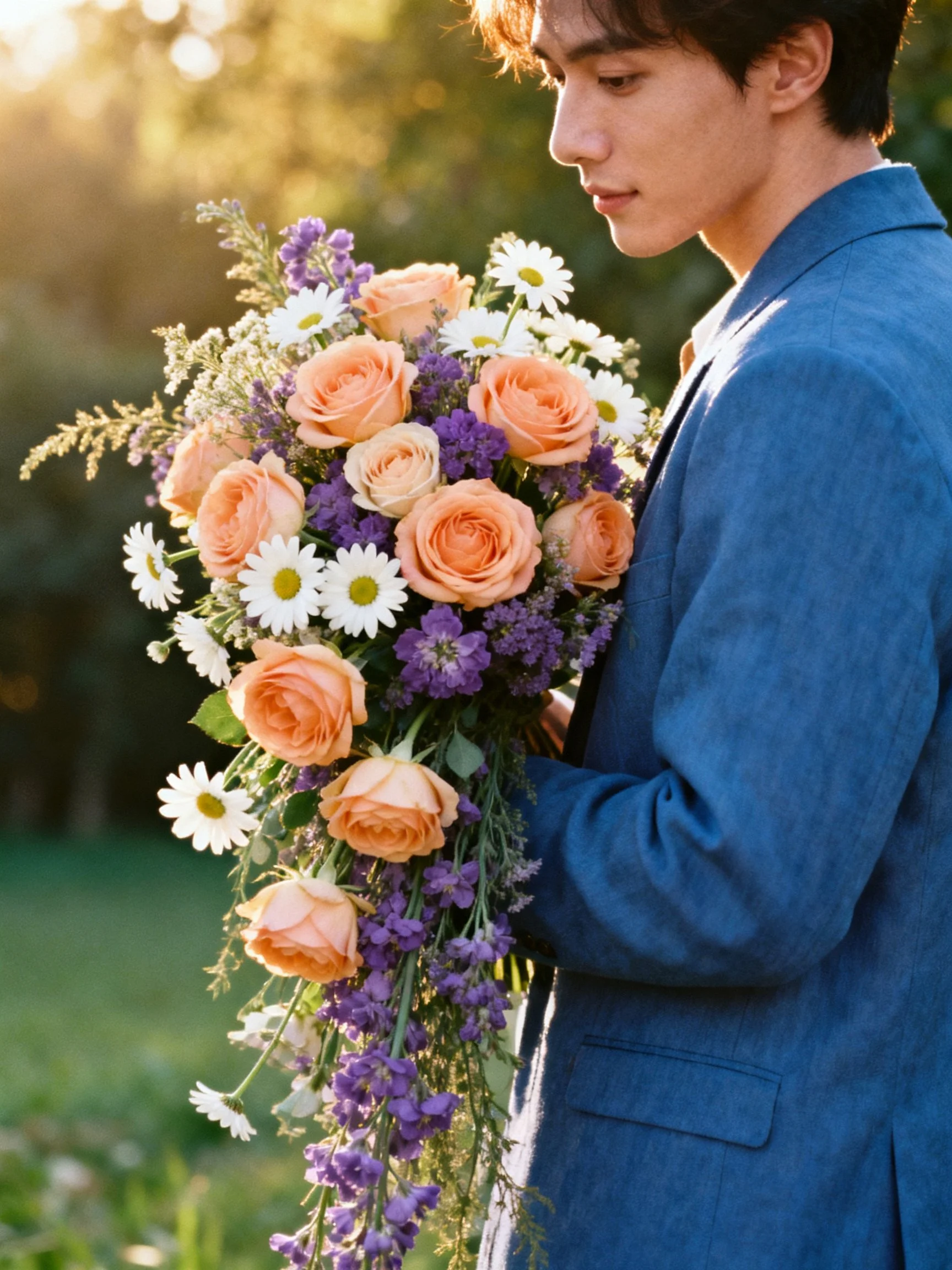 Man in blue suit holds large mixed flower bouquet outdoors