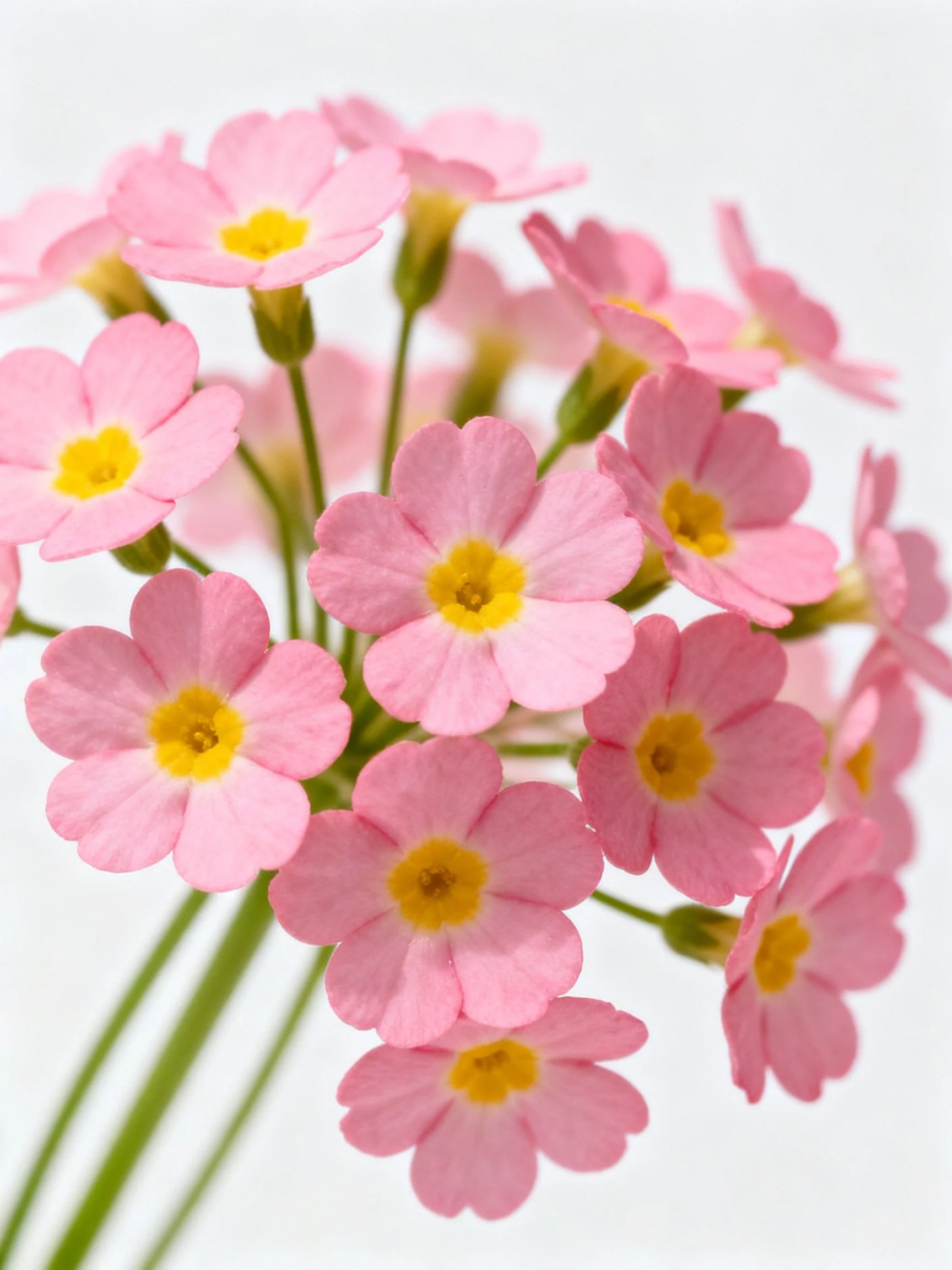 Many delicate pink primrose flowers with bright yellow centers clustered