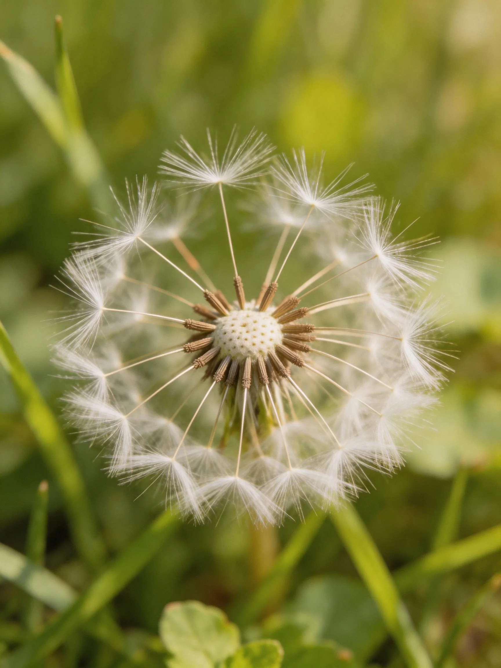 Mature dandelion seed head with delicate white filaments