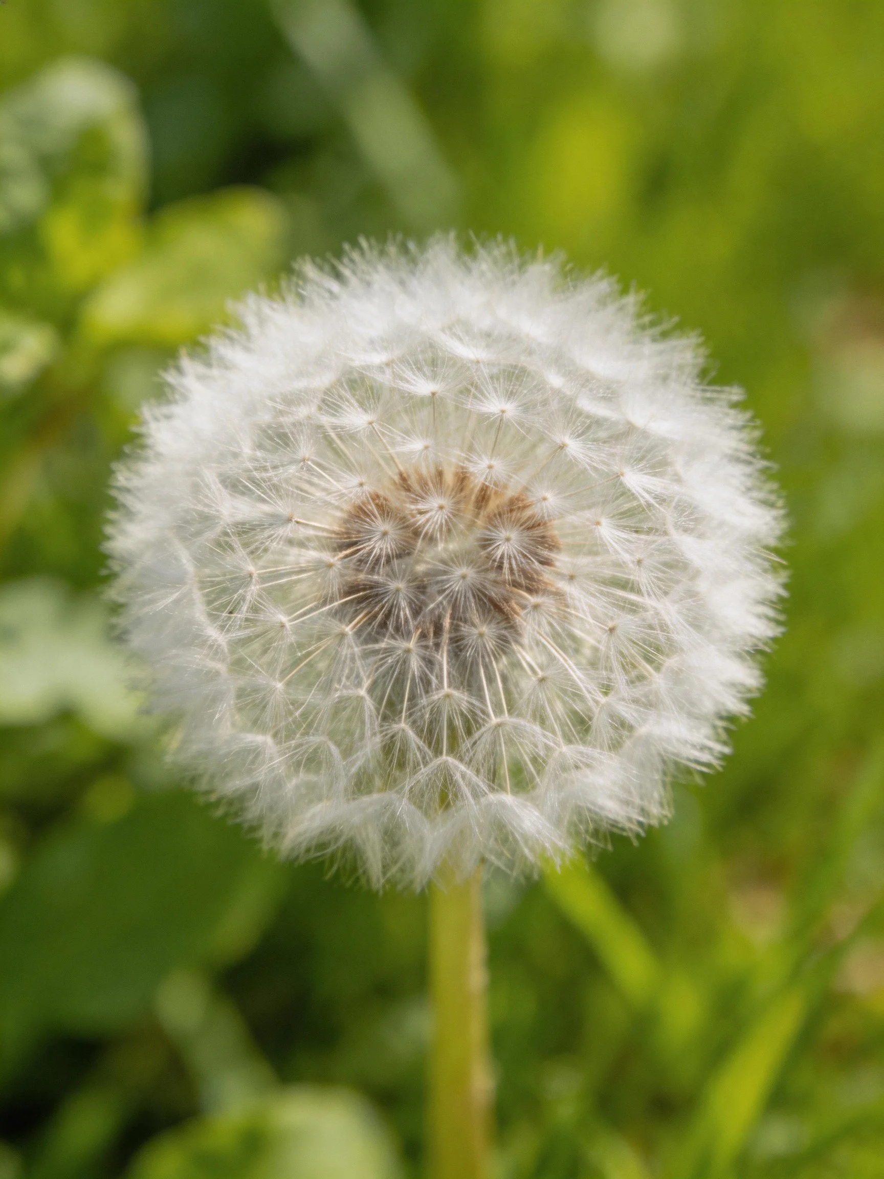 Mature dandelion seed head with delicate white filaments