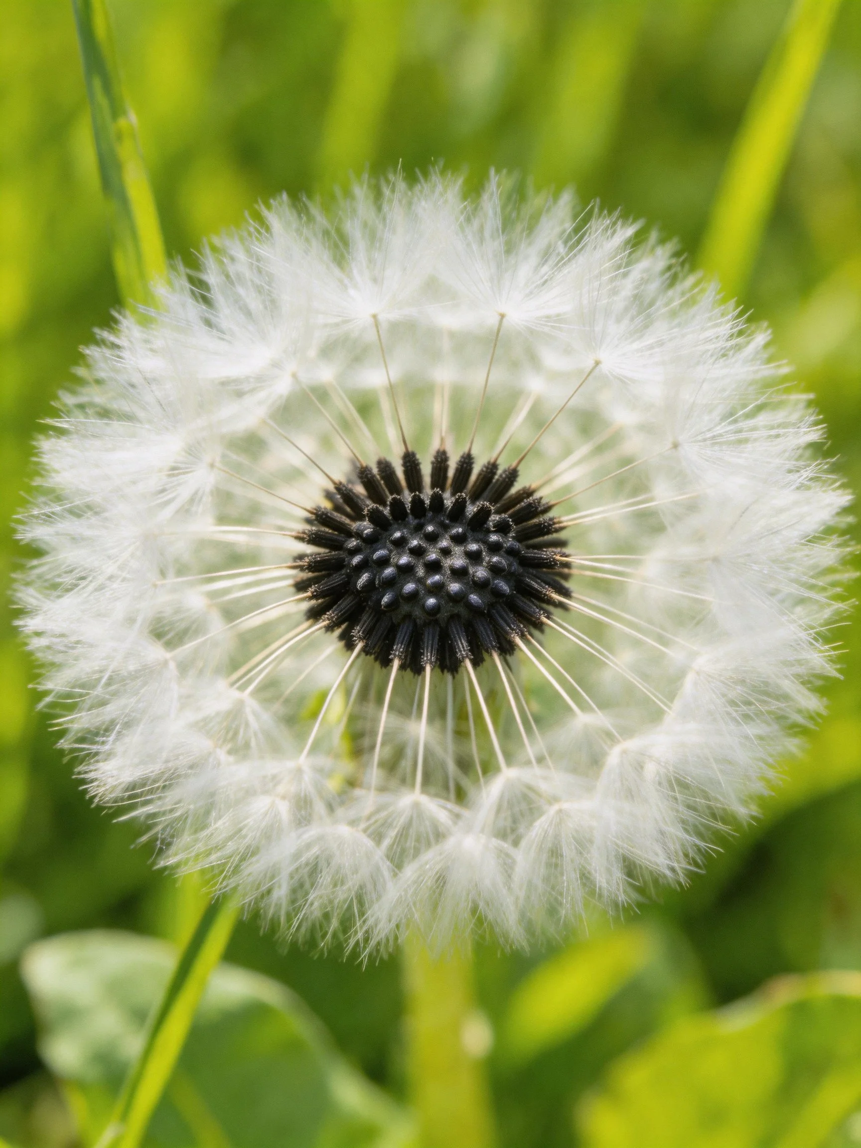 Mature dandelion seed head with white filaments and dark center