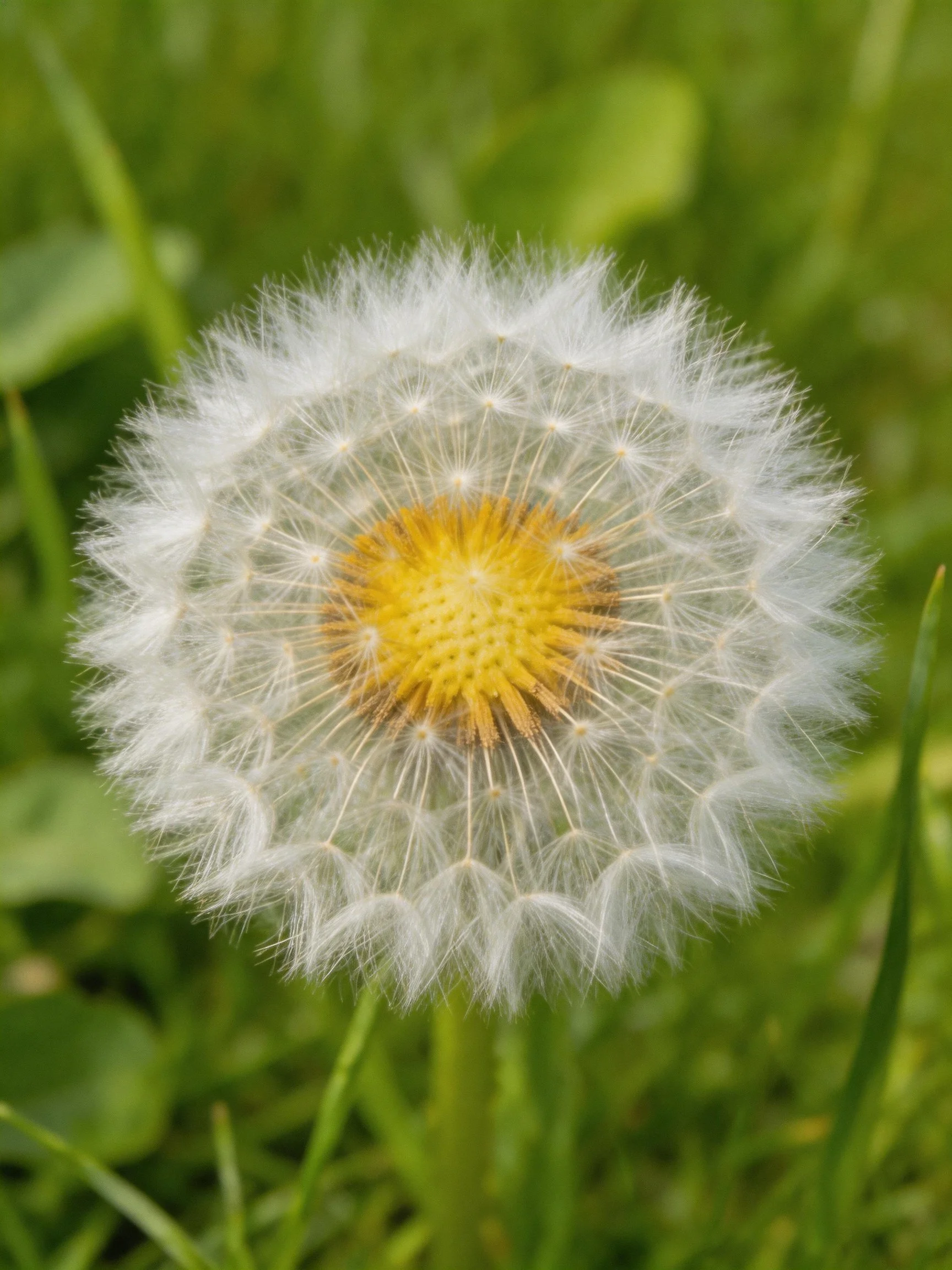Mature dandelion seed head with white filaments and yellow center