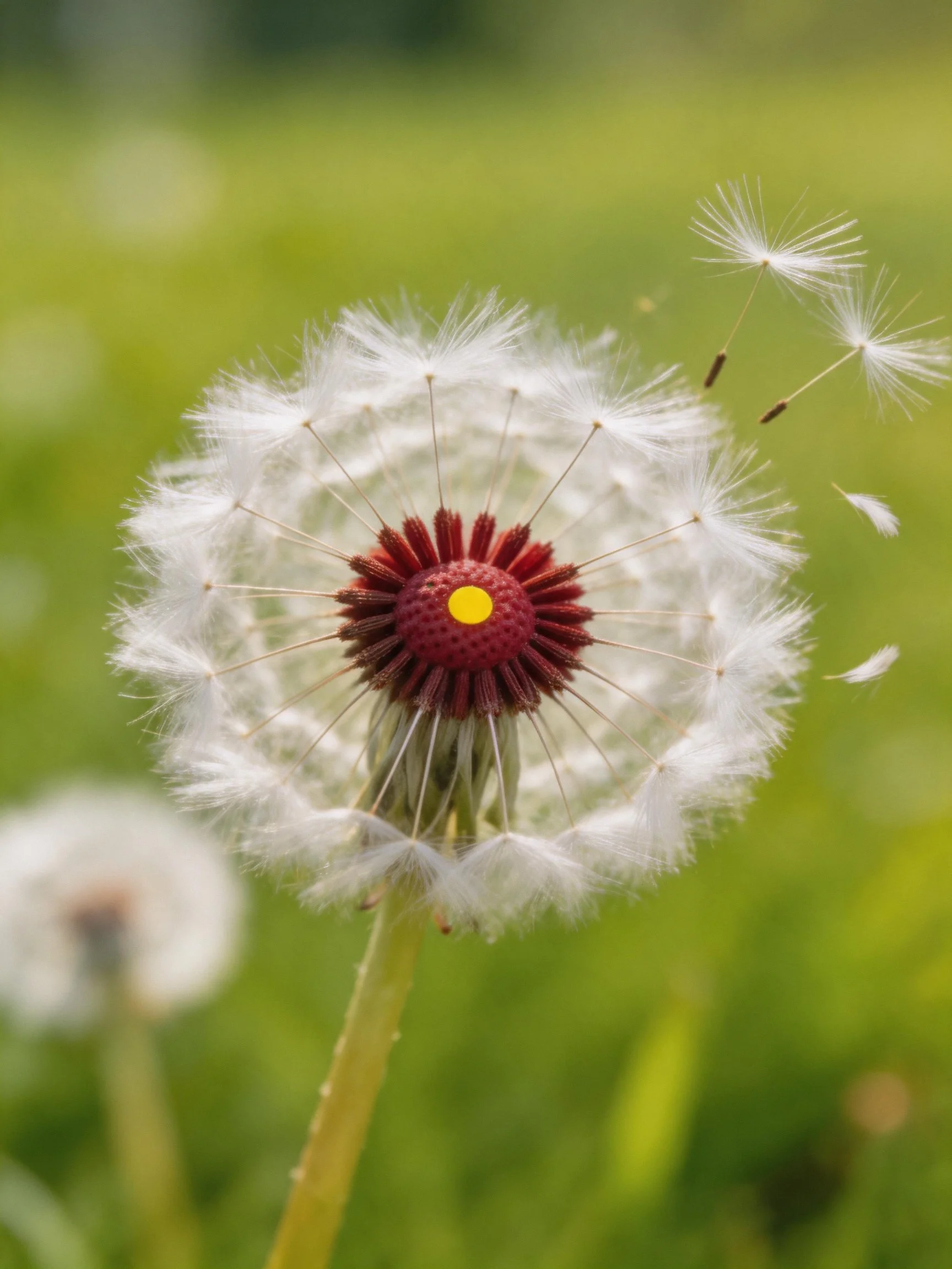Mature dandelion with red center, white seeds dispersing