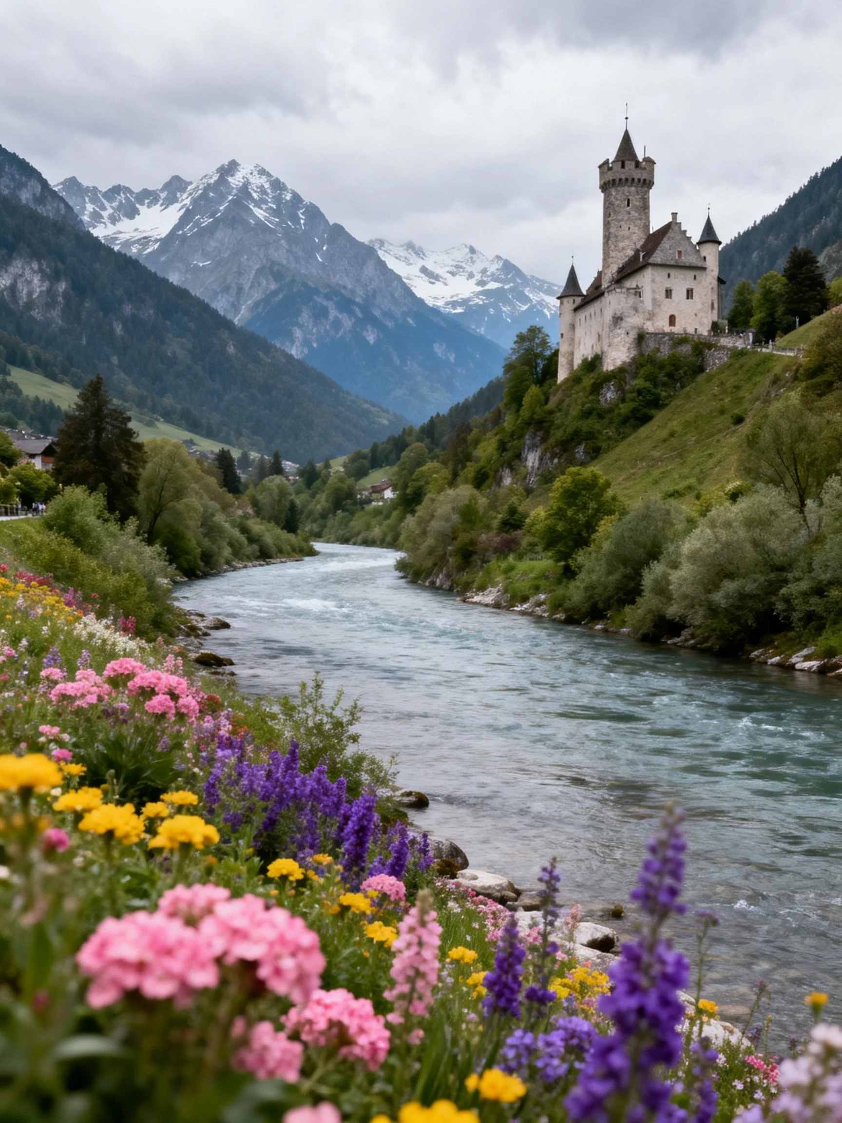 Medieval castle overlooks winding river with vibrant wildflowers and snow-capped mountains