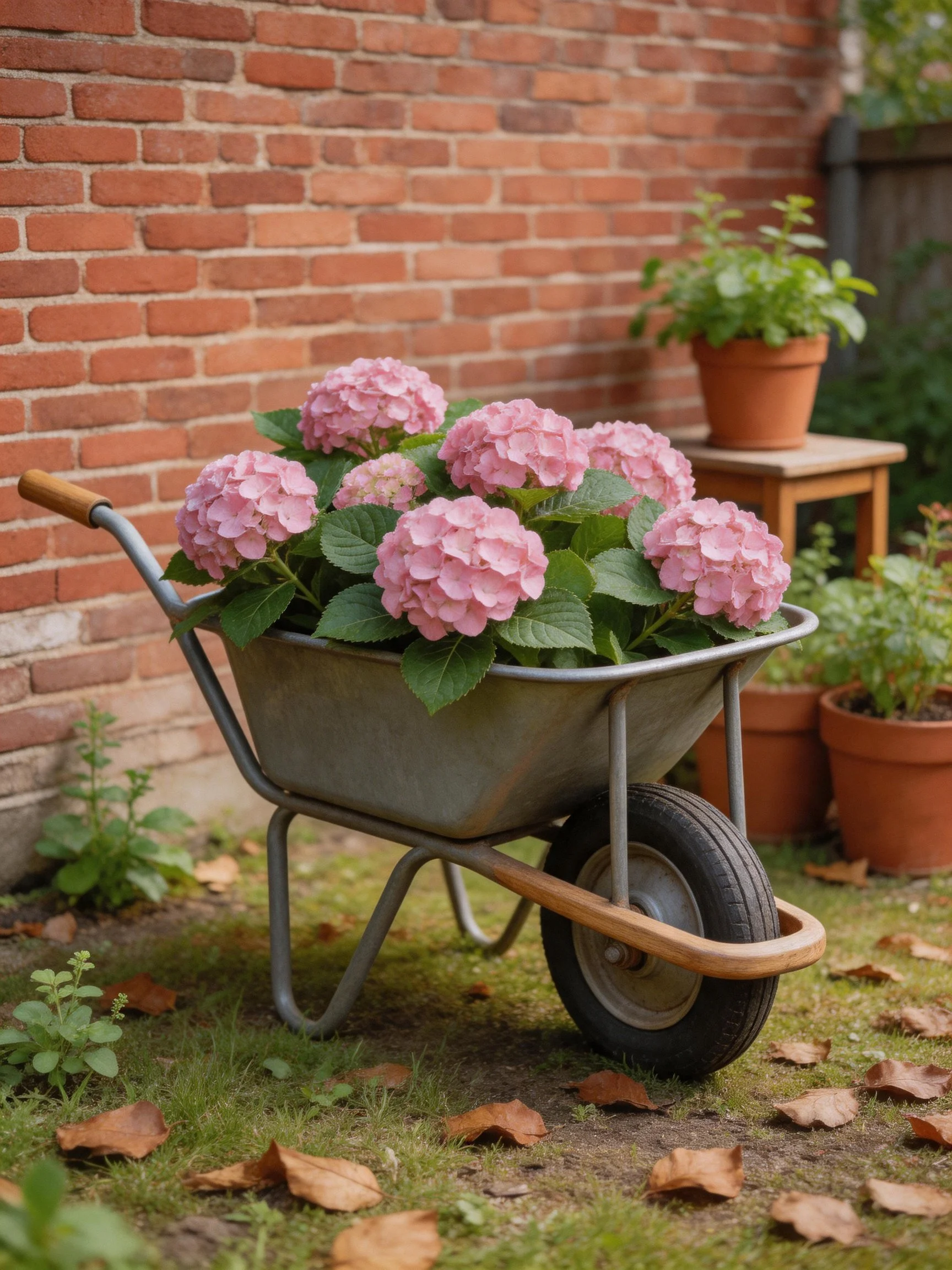 Metal wheelbarrow with pink hydrangeas near red brick wall
