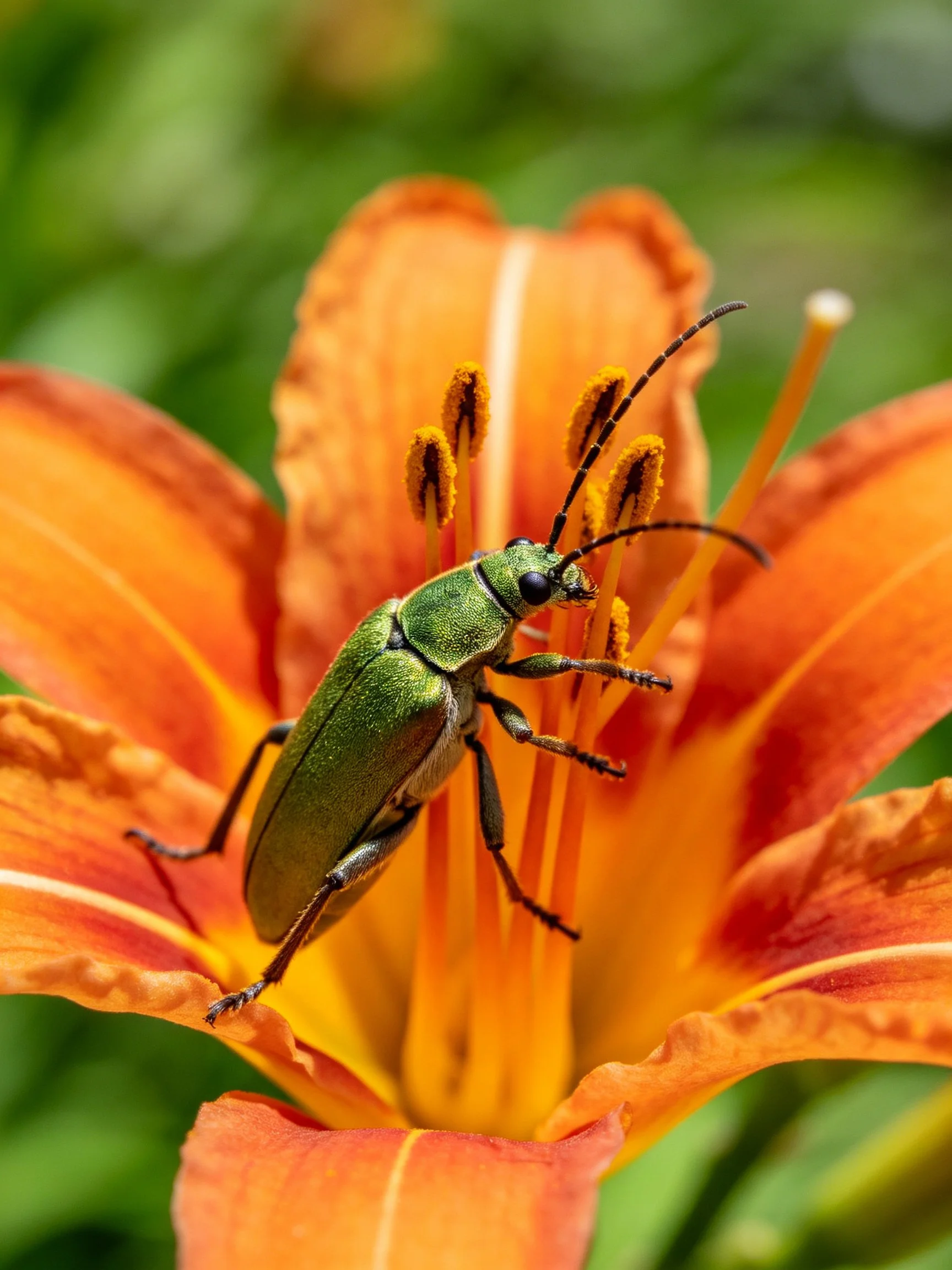 Metallic green beetle on vibrant orange lily