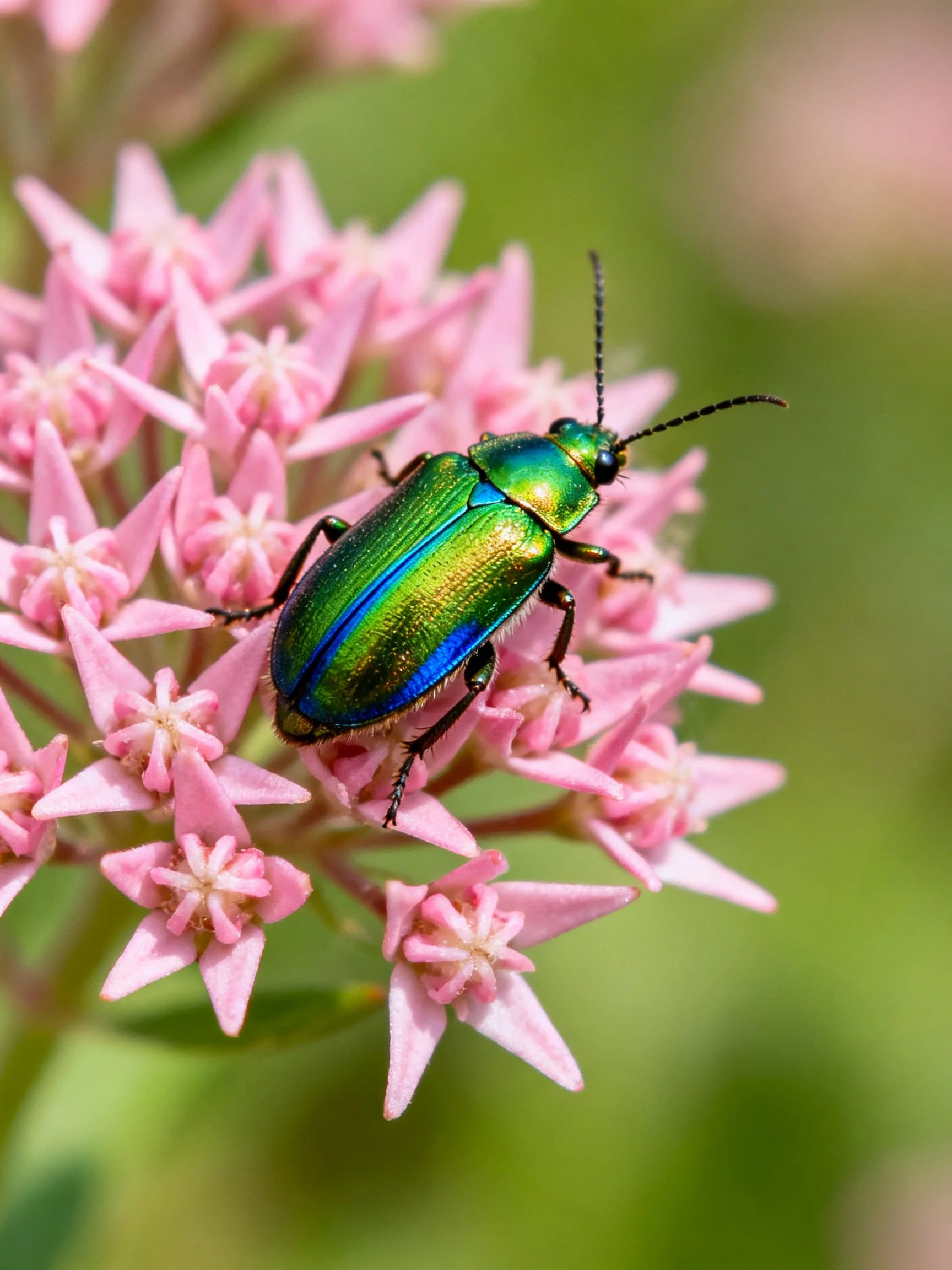 Metallic green beetle perched on pink star - shaped blooms