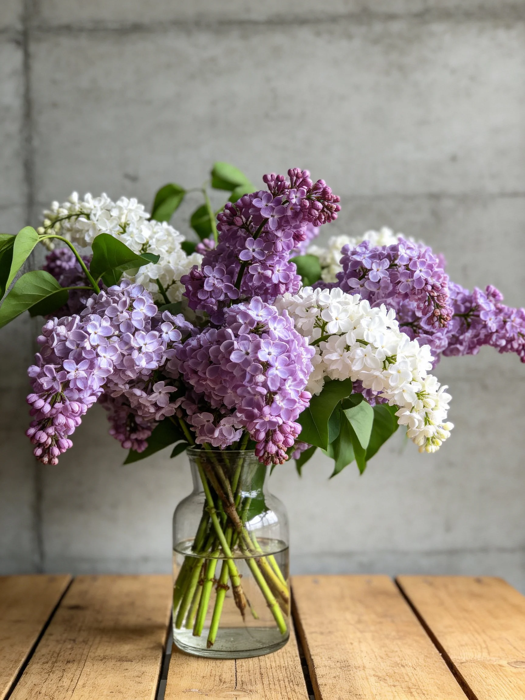 Mixed purple and white lilacs in glass vase