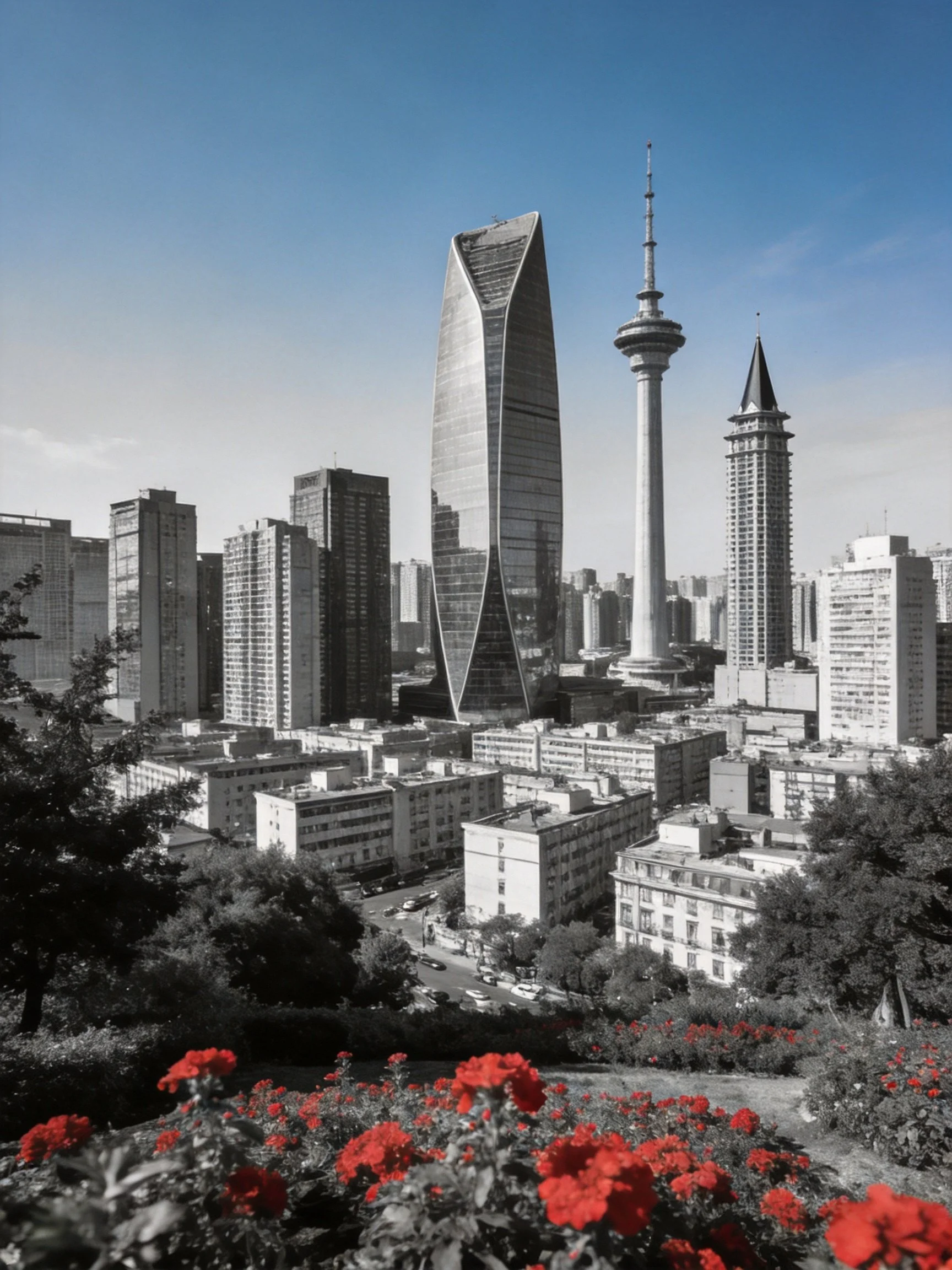 Modern City Skyline with Distinctive Structures and Vibrant Red Flowers
