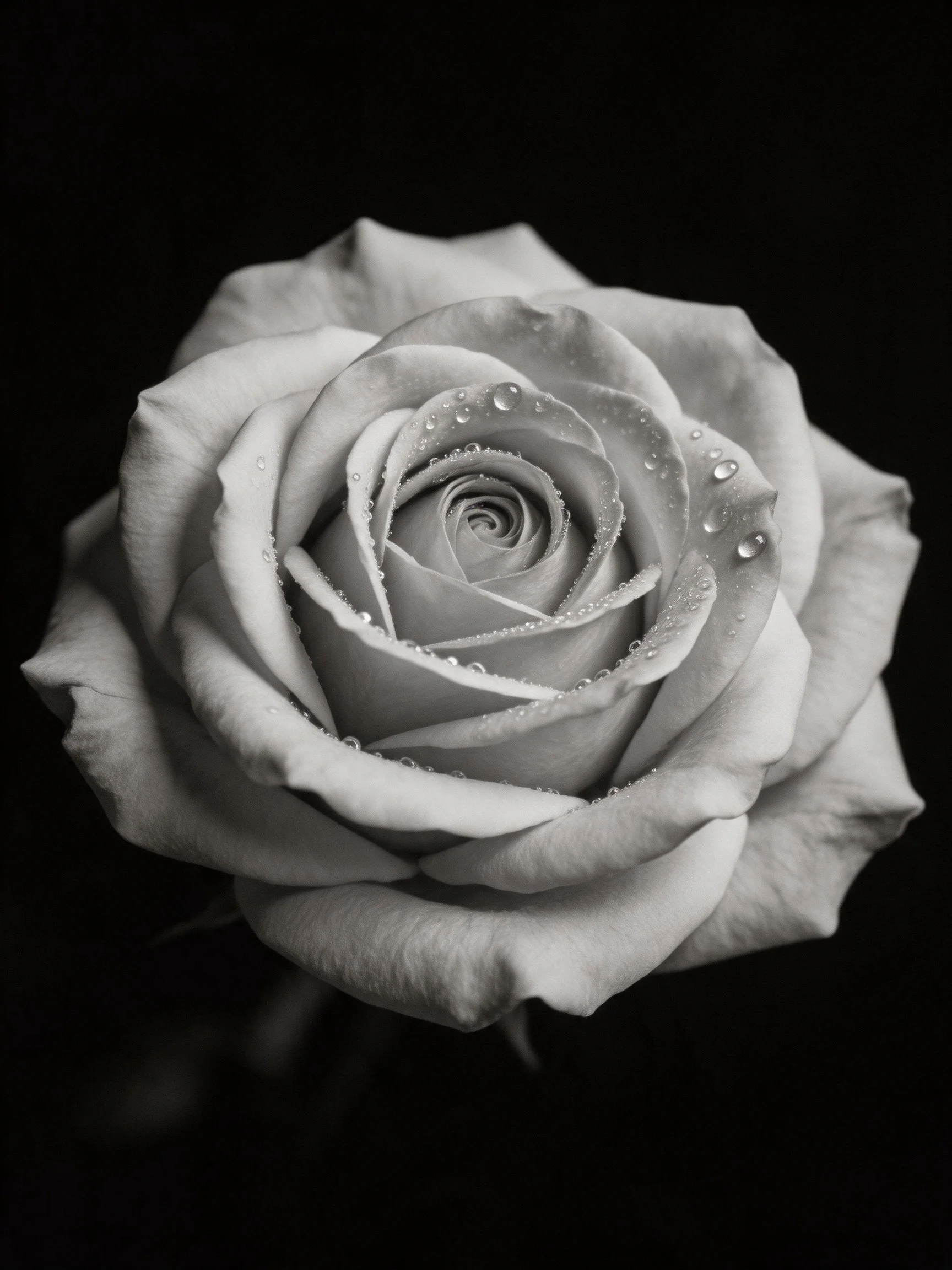 Monochrome close-up of a rose with water droplets