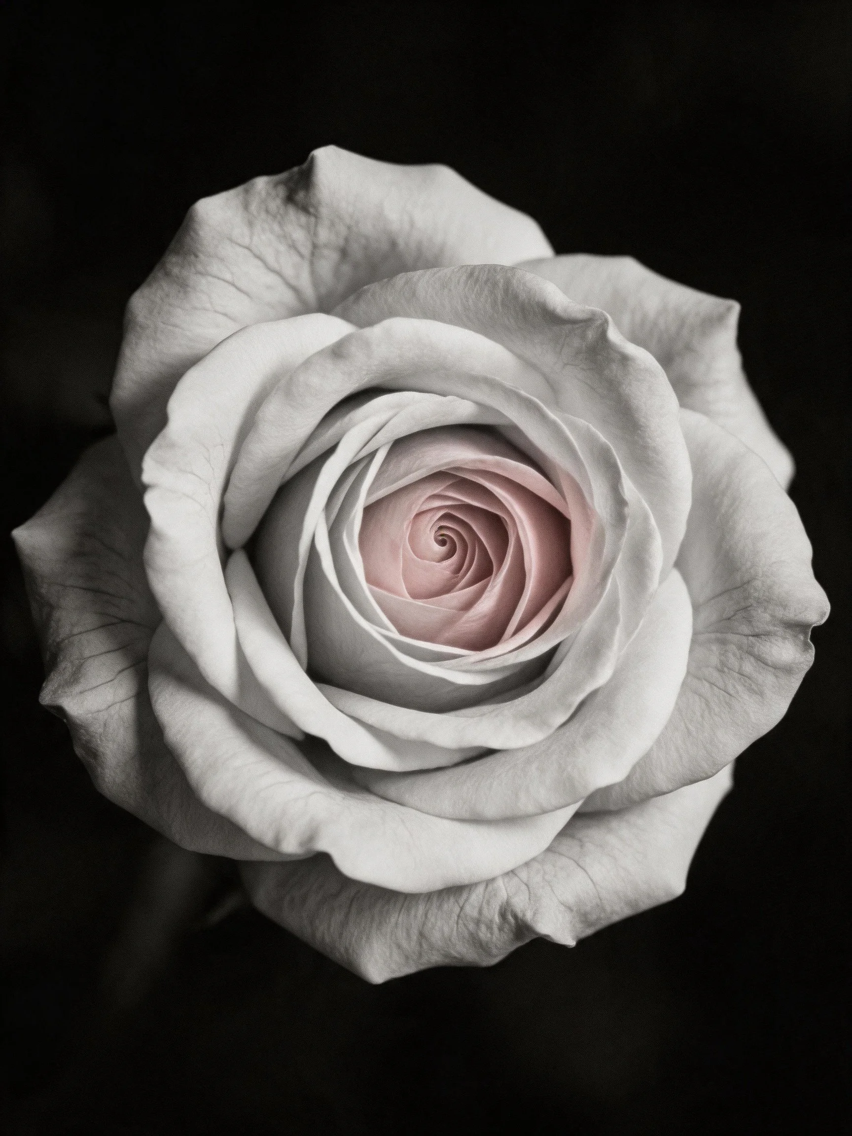 Monochrome rose with soft pink center on black backdrop