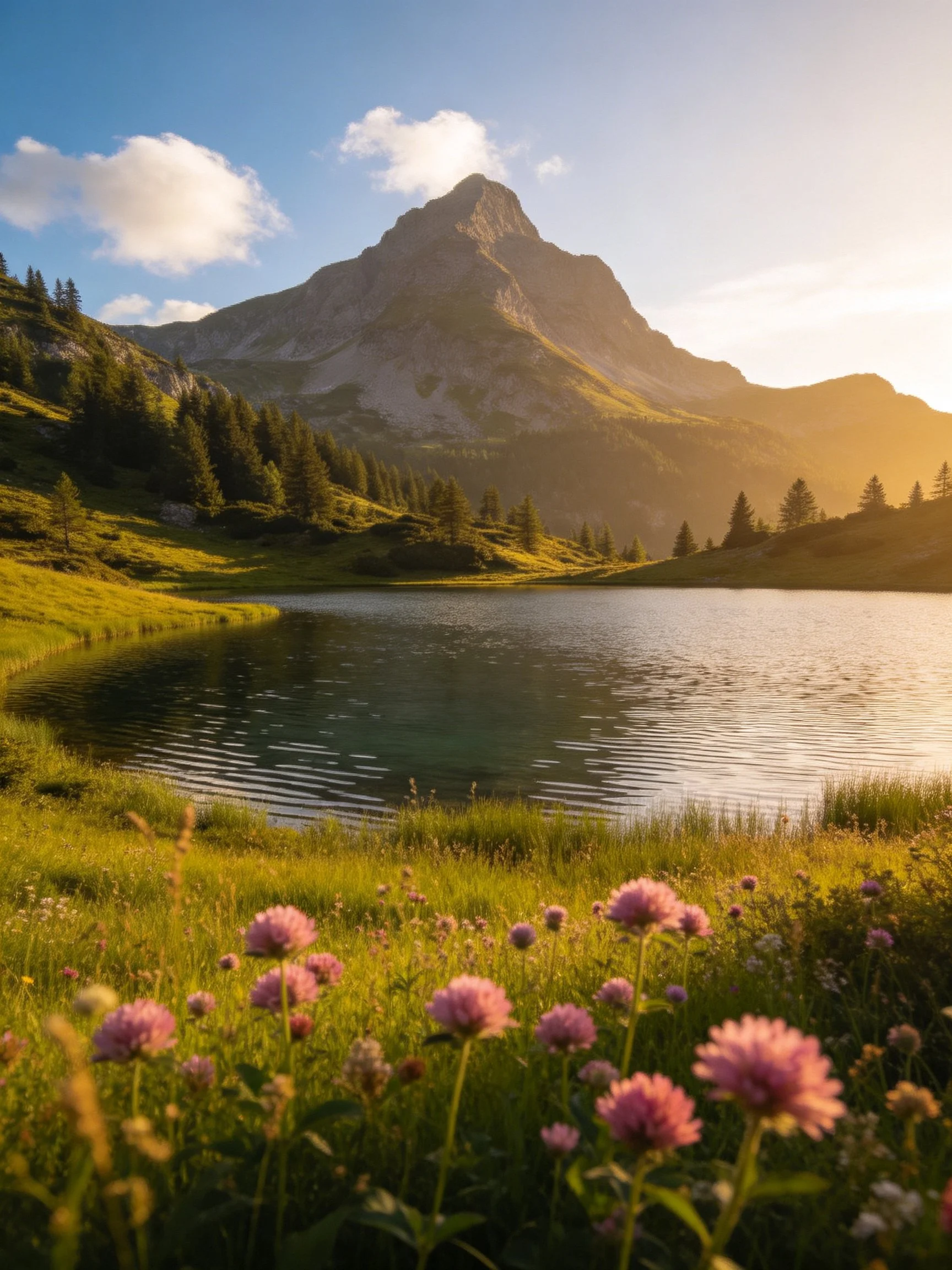 Mountain Lake with Pink Wildflowers at Golden Hour