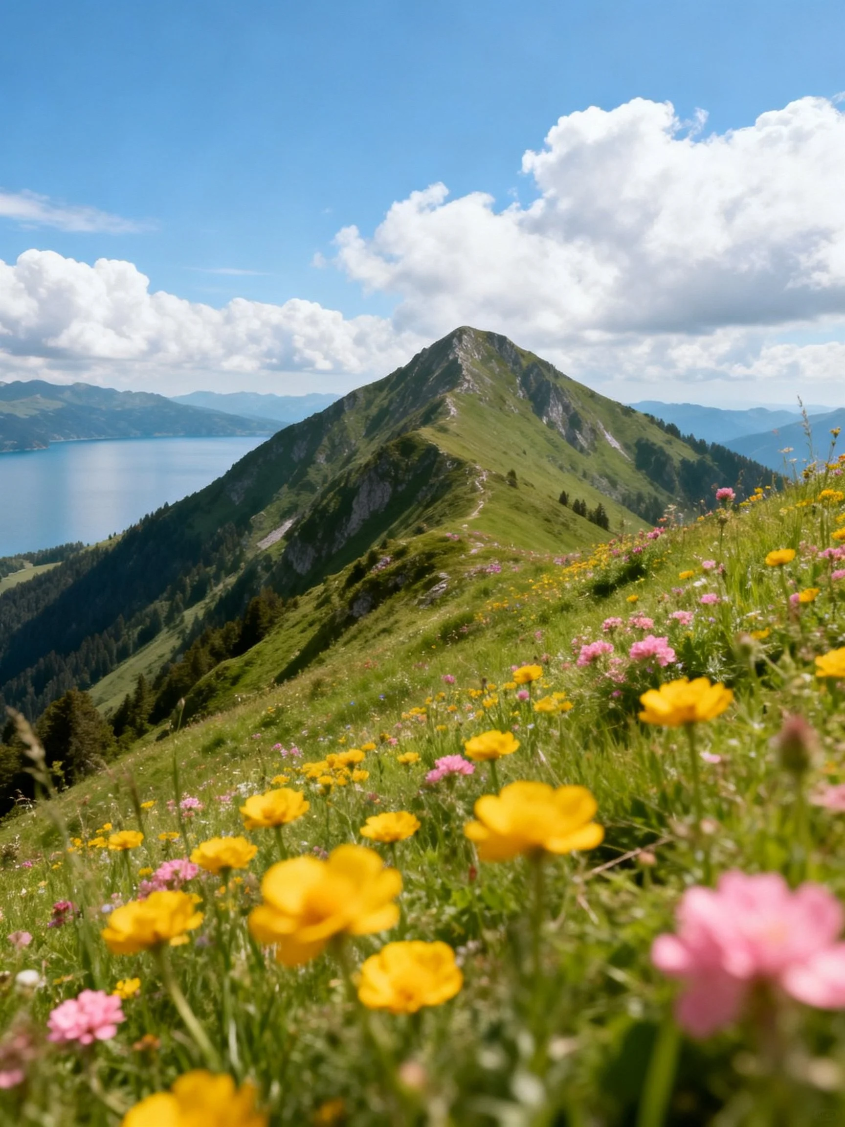 Mountain Ridge With Colorful Wildflowers, Lake, and Blue Sky
