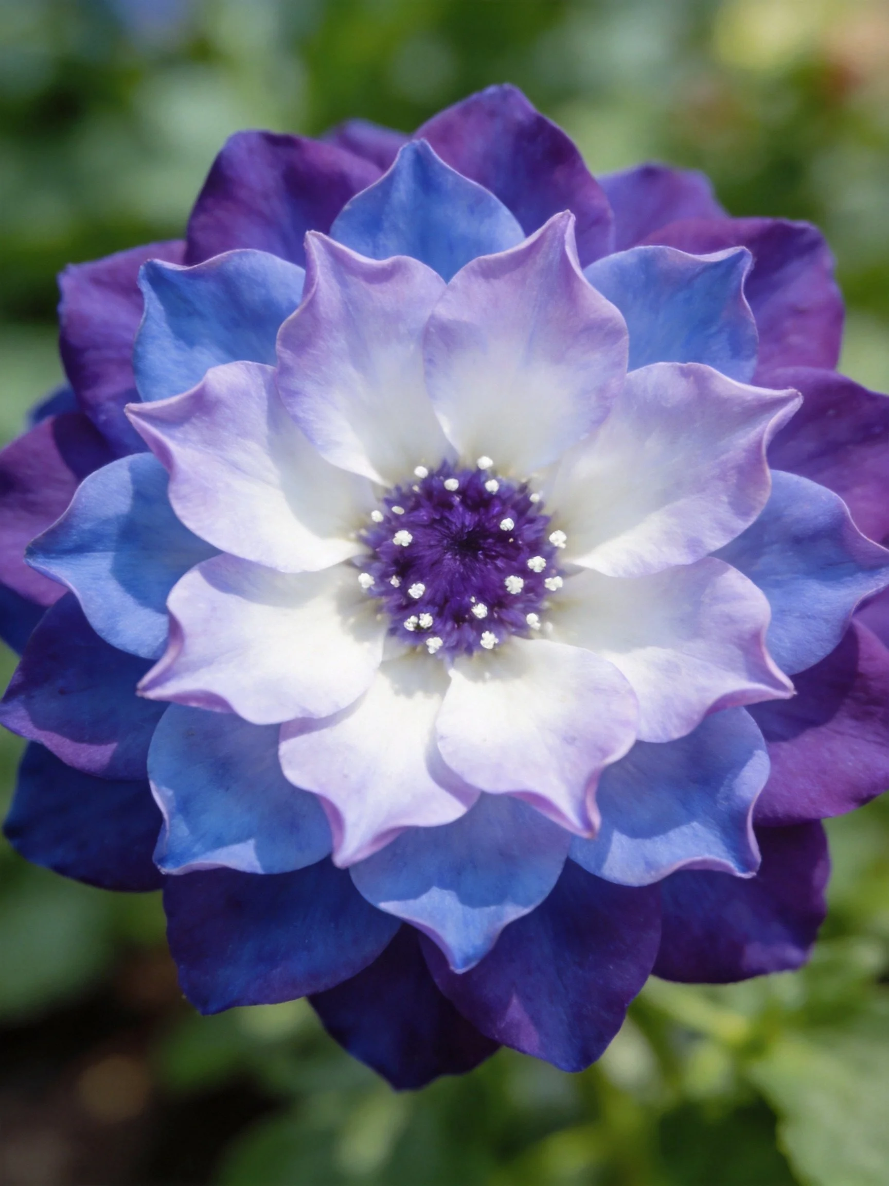 Multi-layered flower with purple, blue, and white petals