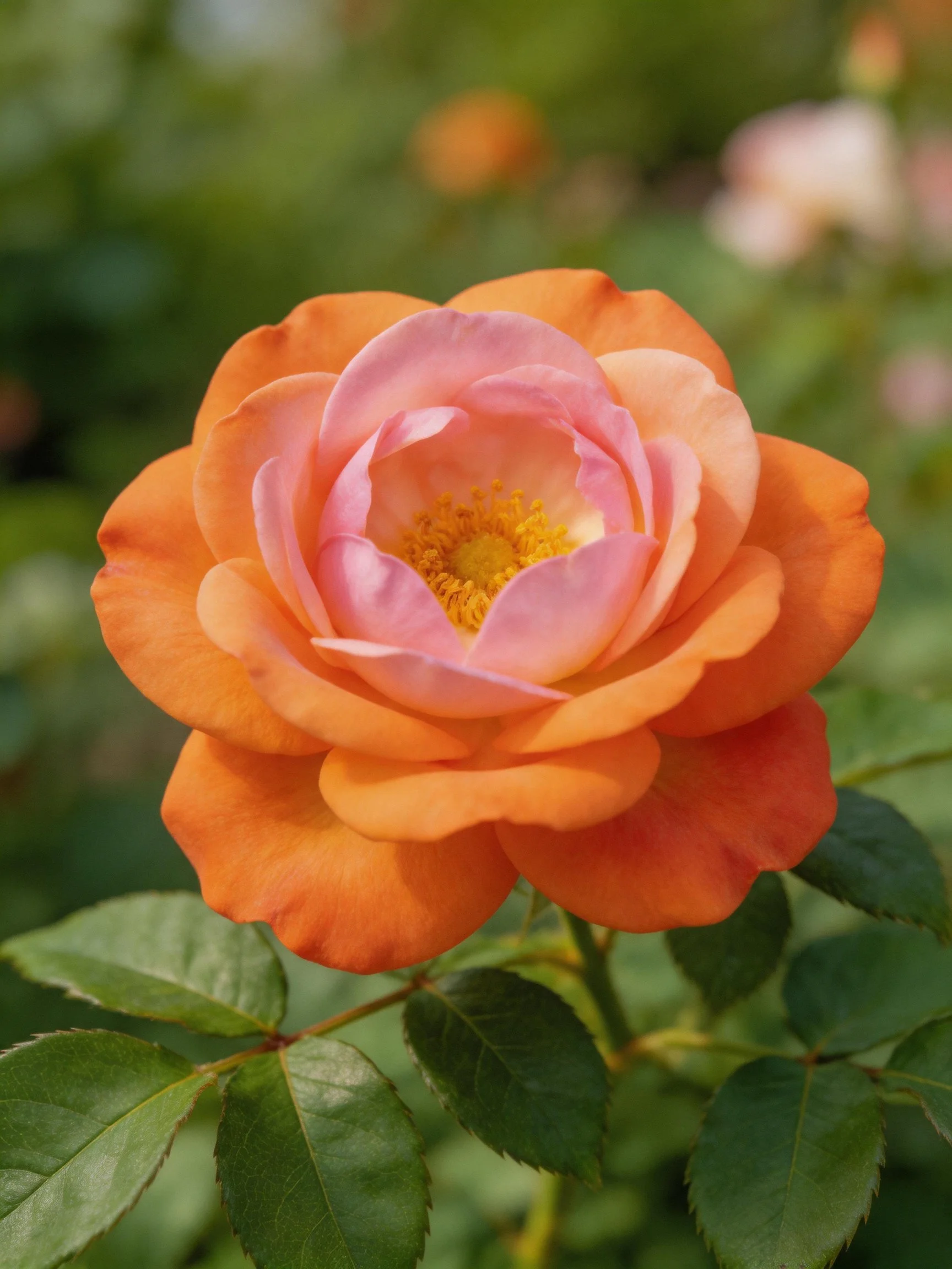 Multi-layered orange-pink rose with green foliage