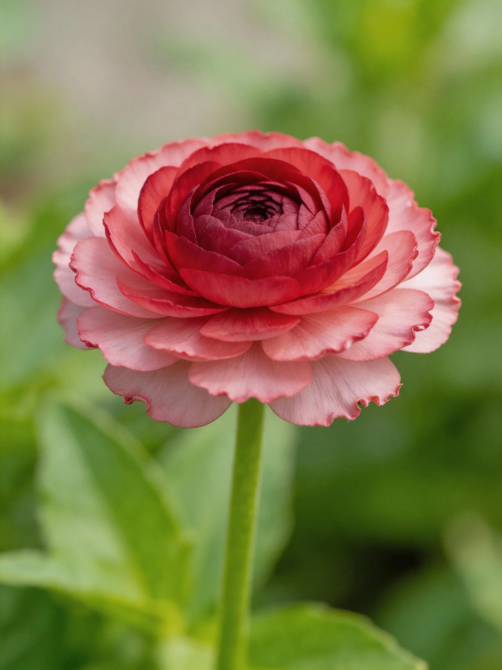 Multi-layered pink and crimson flower with ruffled petals