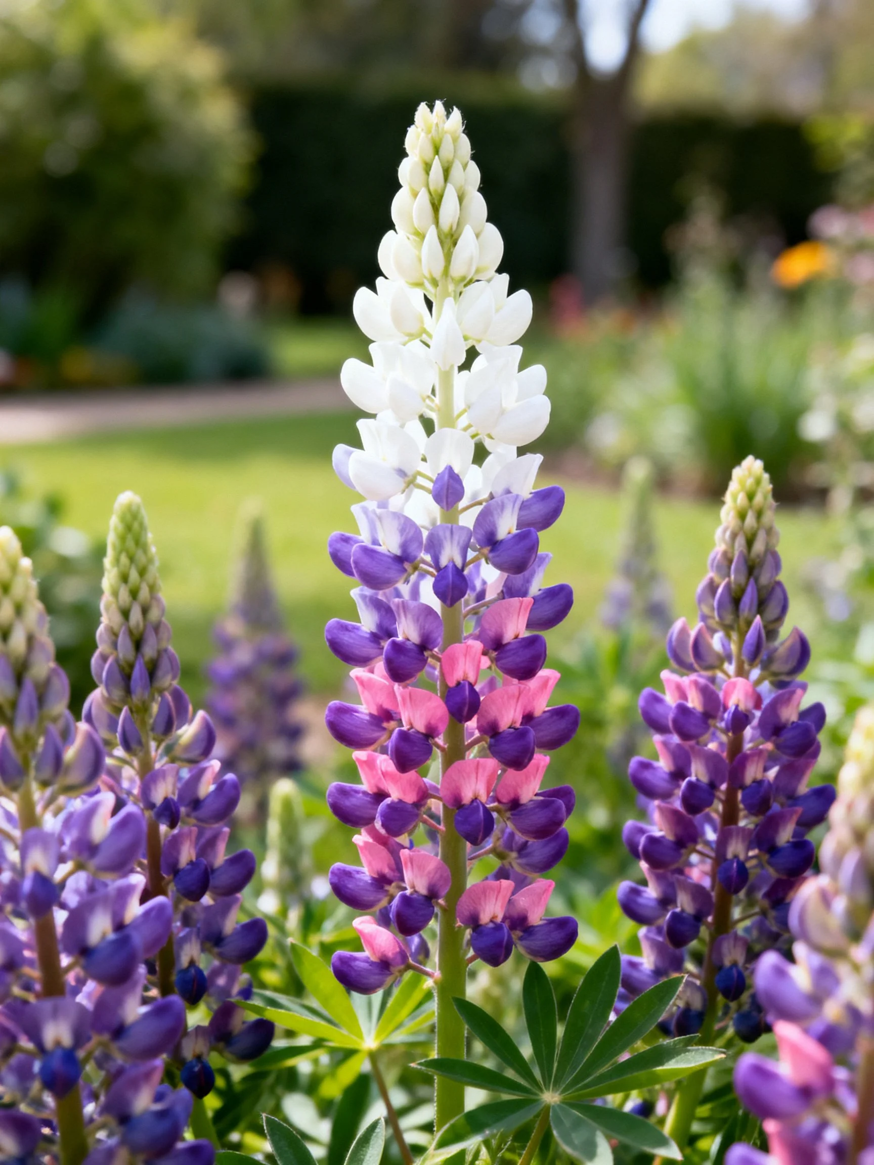 Multicolored Lupine Flowers in a Garden Setting