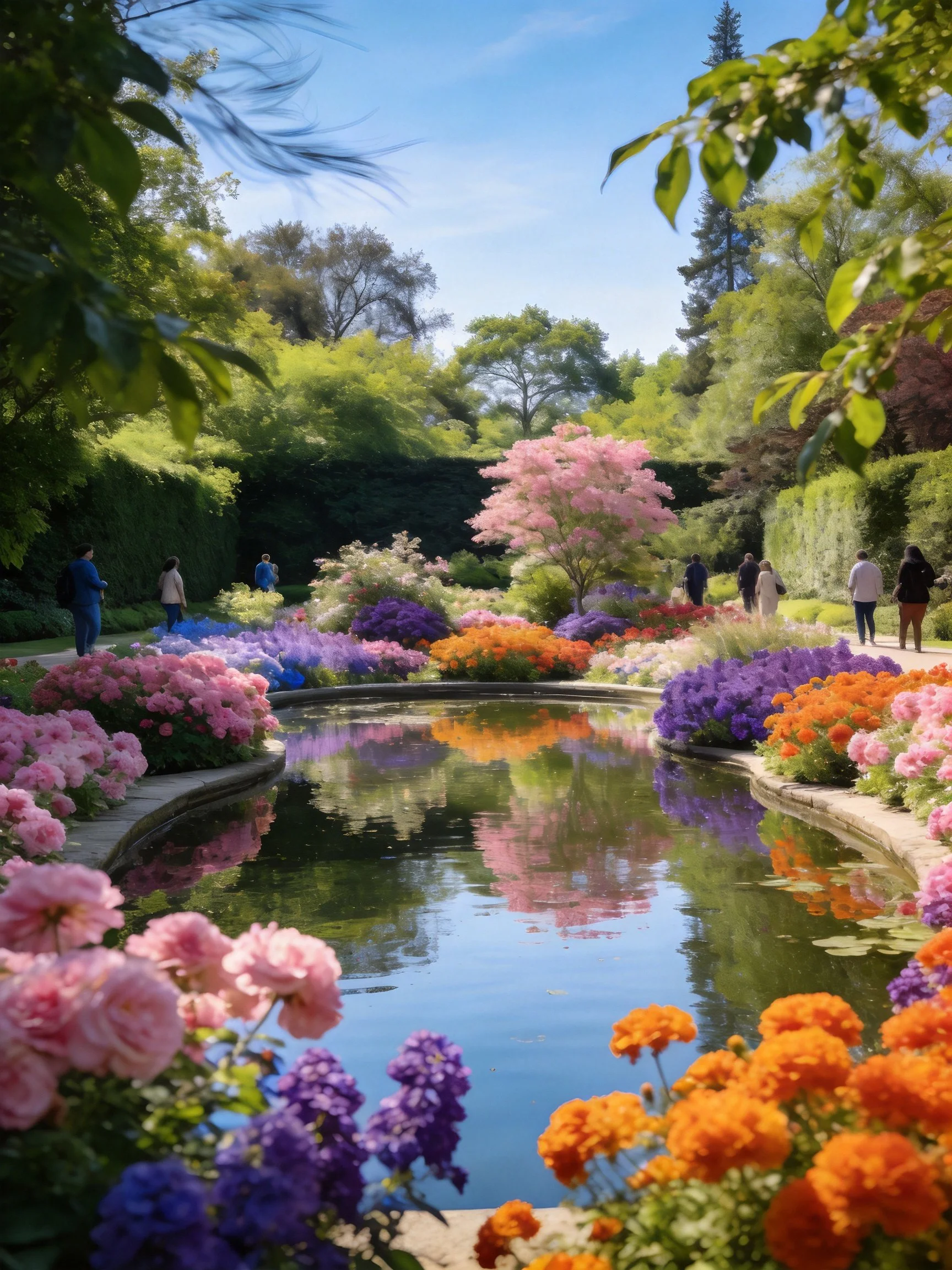 Multicolored flower beds border a central pond in a sunny garden